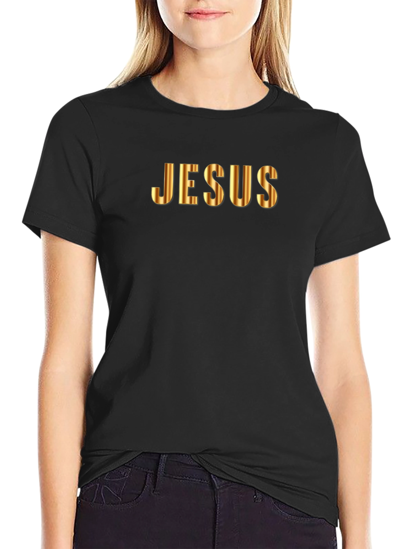 Gold Jesus Graphic Black T-Shirt