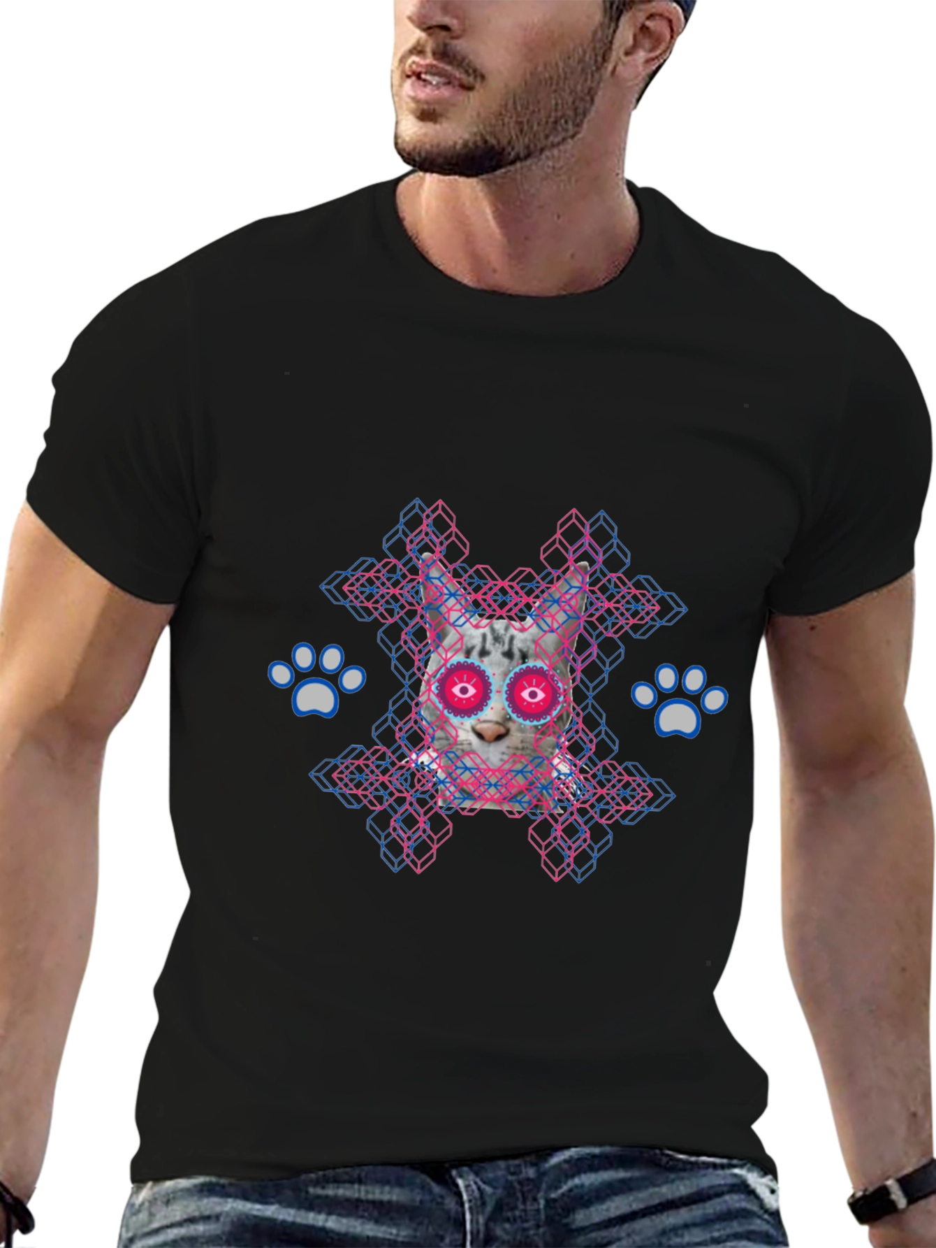 Cat Sugar Skull Graphic Tee - Mens Black T-Shirt