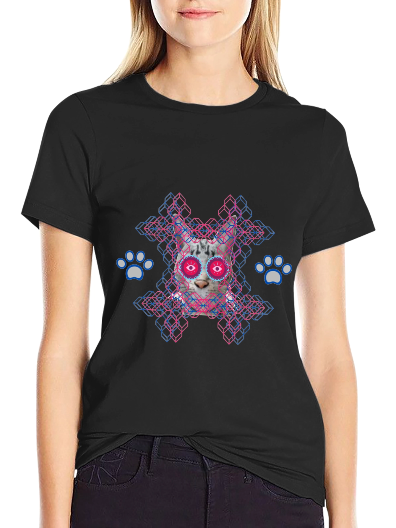 Cat Sugar Skull Graphic Tee - Mens Black T-Shirt