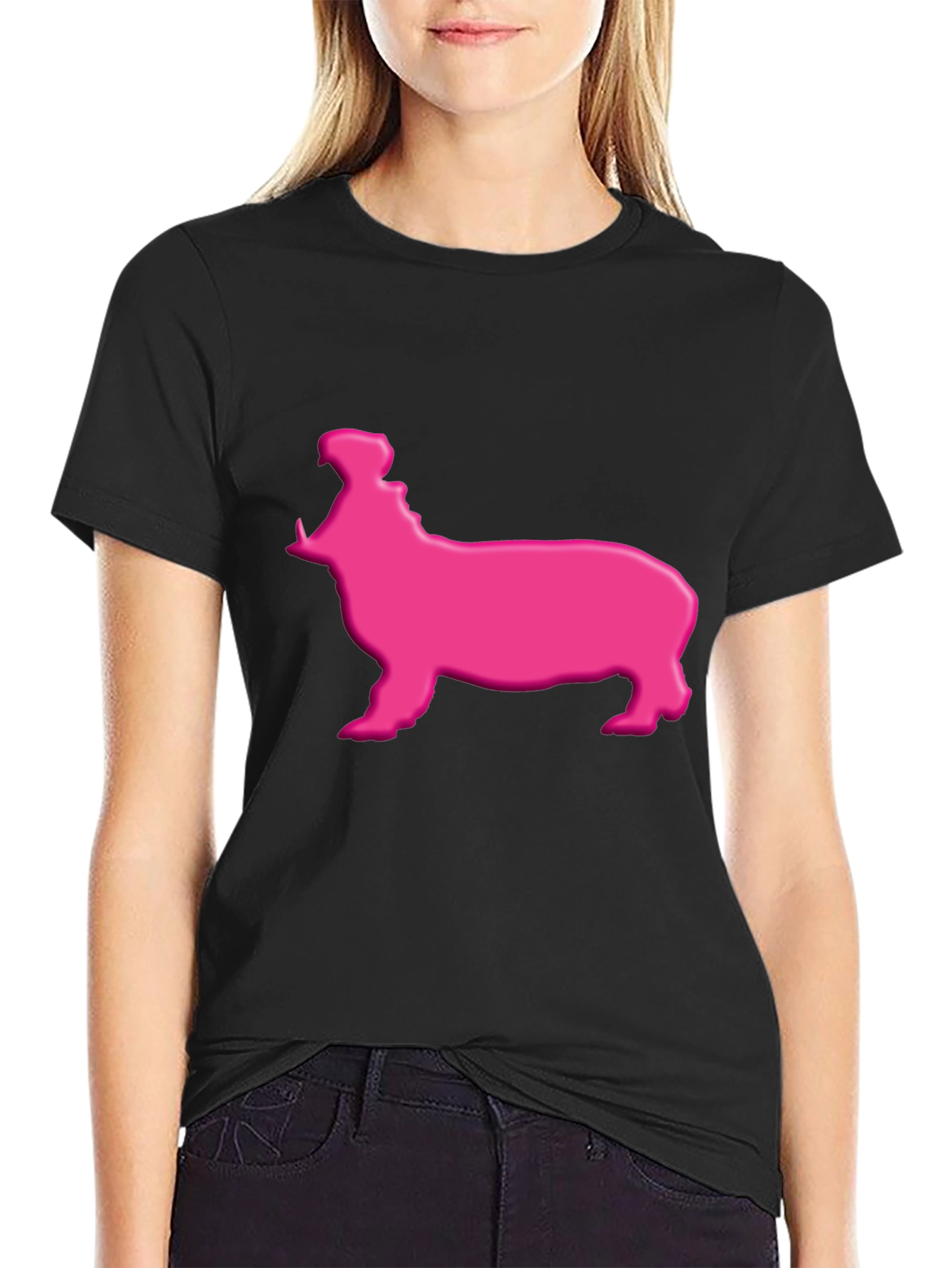 Pink Hippo Graphic Tee - Black Cotton Blend Shirt