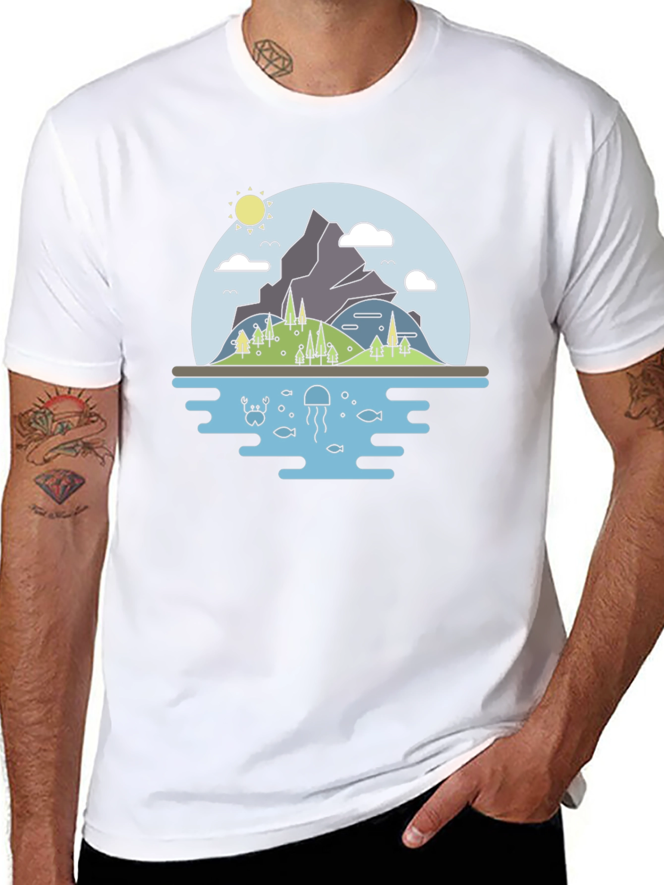 Nature Scene Graphic T-Shirt - Black Cotton Tee