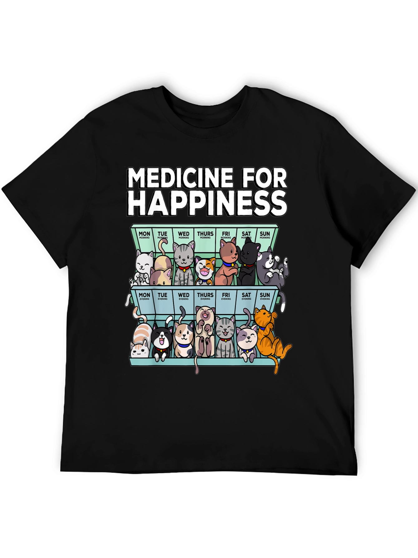 Medicine for Happiness Cat Pill Box Black T-Shirt