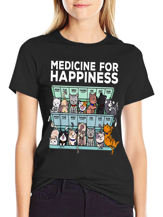 Medicine for Happiness Cat Pill Box Black T-Shirt