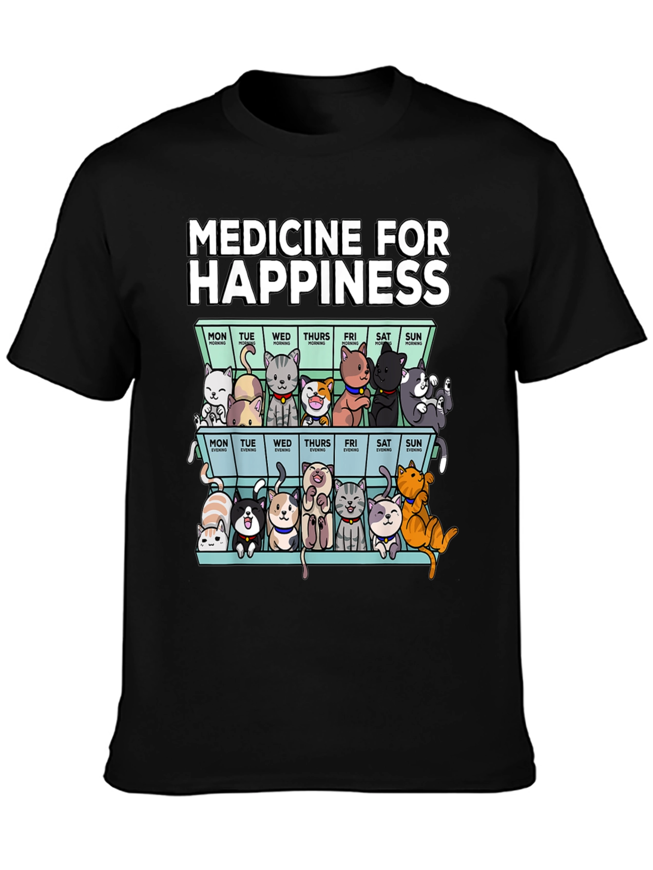 Medicine for Happiness Cat Pill Box Black T-Shirt