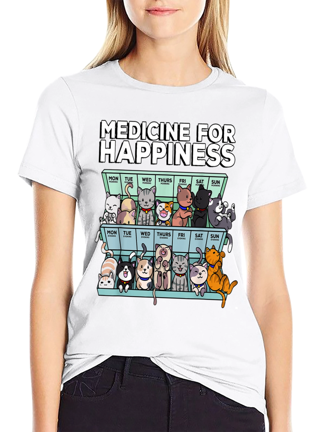 Medicine for Happiness Cat Pill Box Black T-Shirt