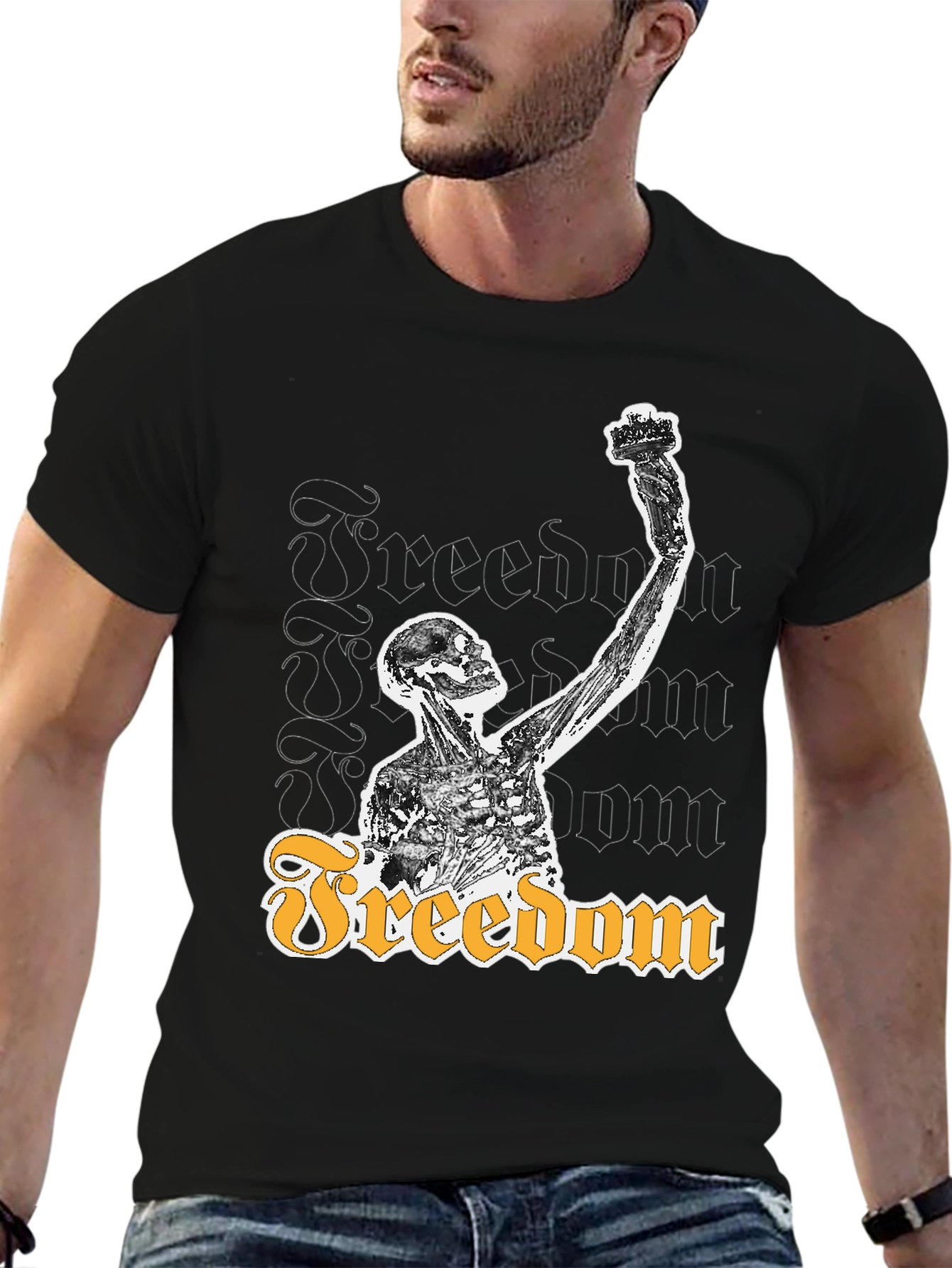 Freedom Skeleton Graphic Tee - Black Cotton T-Shirt
