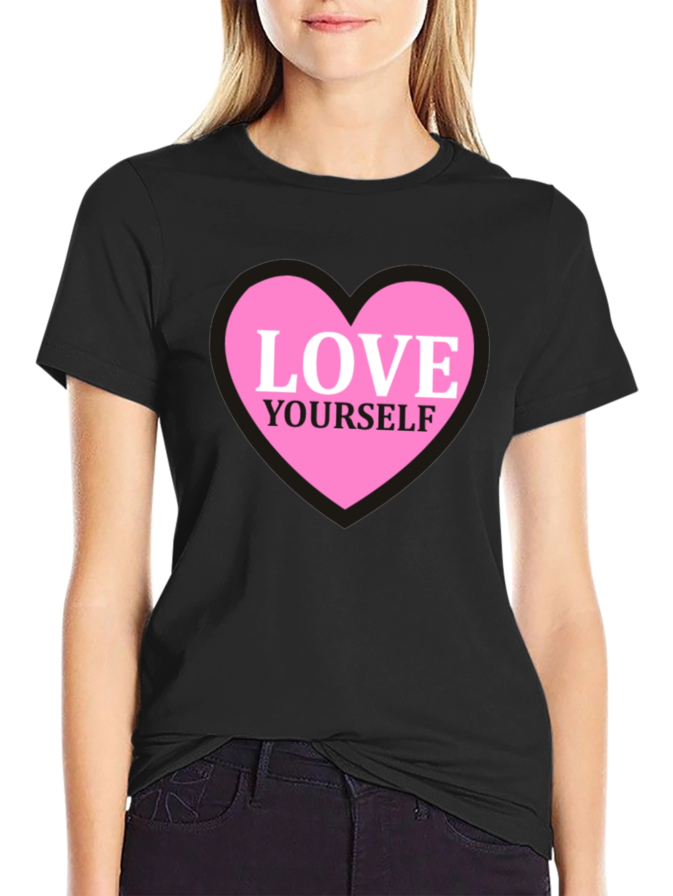 Love Yourself Heart Graphic Tee - Black Cotton T-Shirt