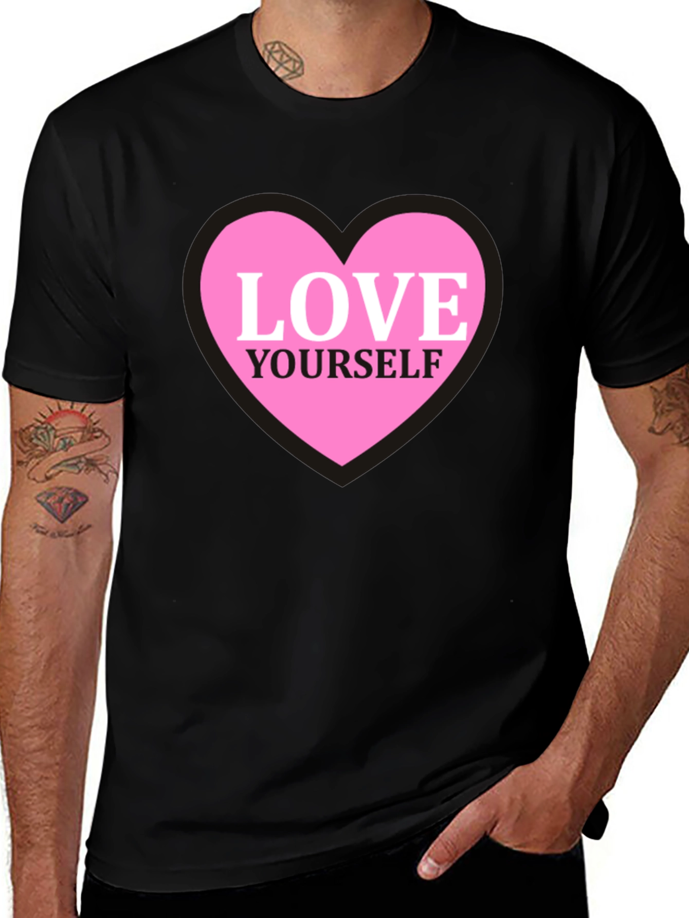 Love Yourself Heart Graphic Tee - Black Cotton T-Shirt