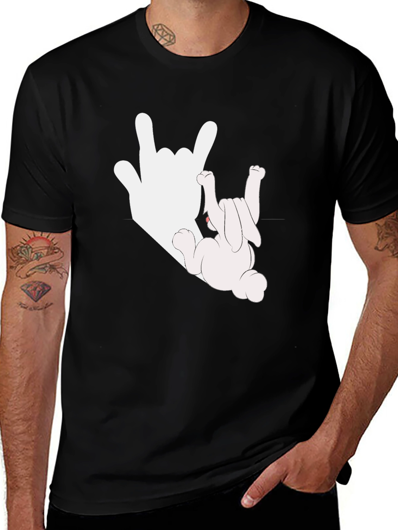 Rock On Bunny Graphic Tee - Black Cotton T-Shirt