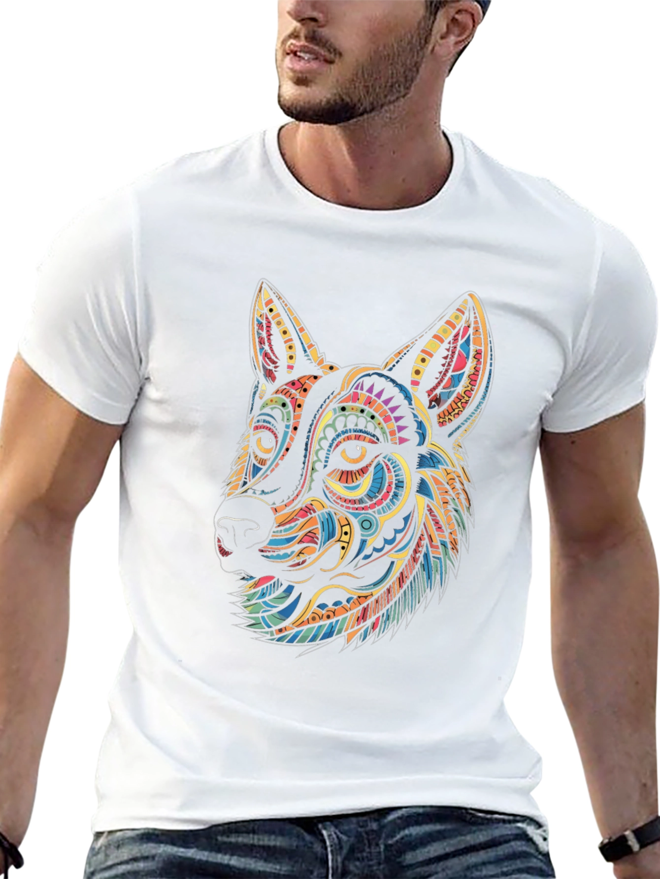 Vibrant Geometric Wolf Graphic Tee - Black