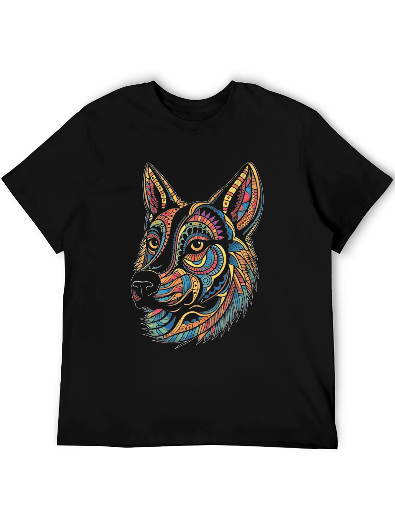 Vibrant Geometric Wolf Graphic Tee - Black