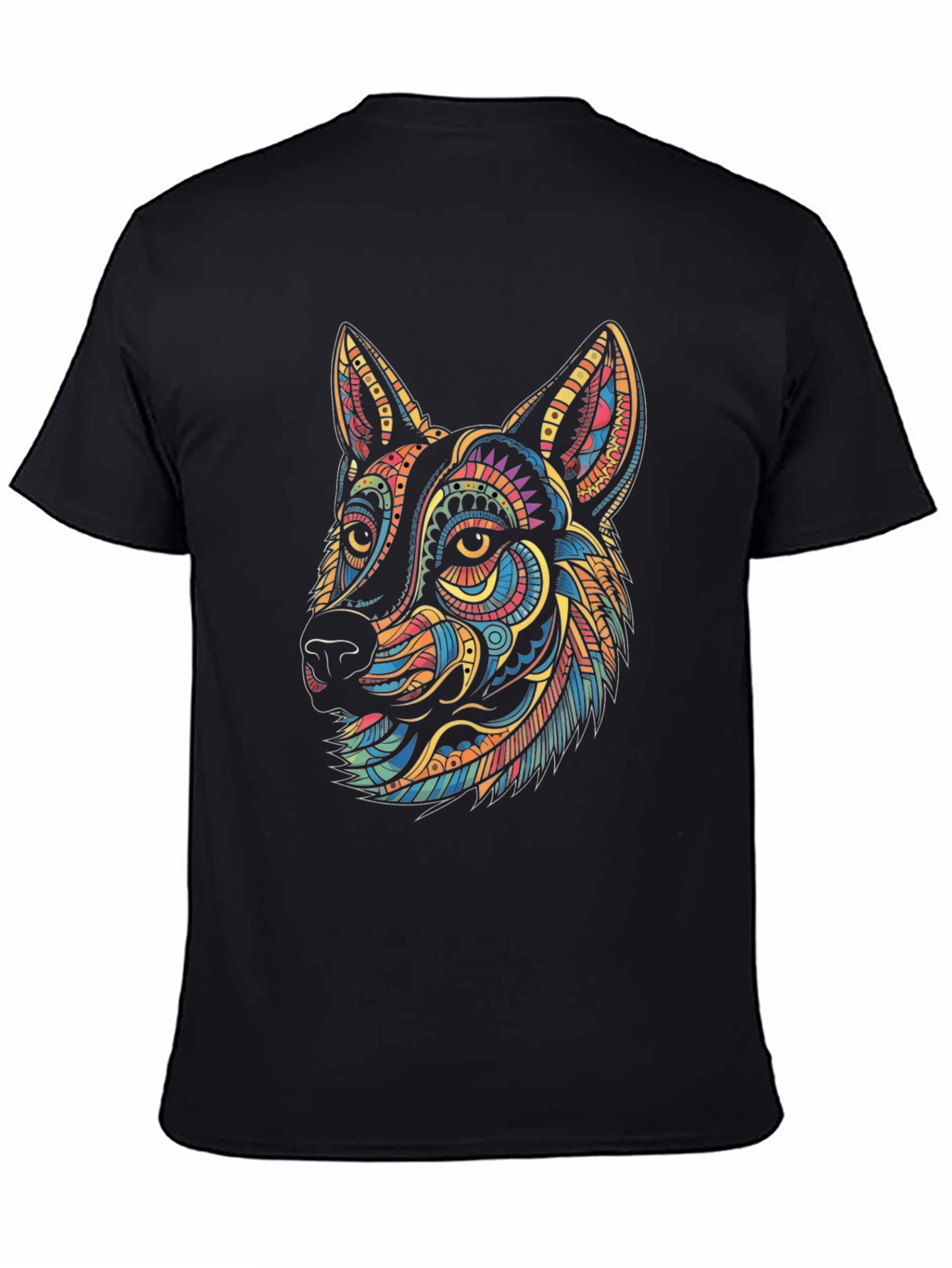 Vibrant Geometric Wolf Graphic Tee - Black