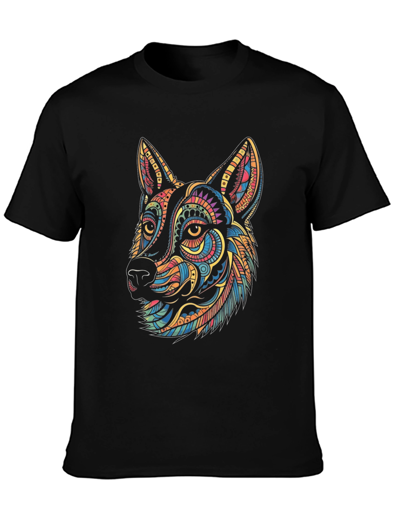 Vibrant Geometric Wolf Graphic Tee - Black