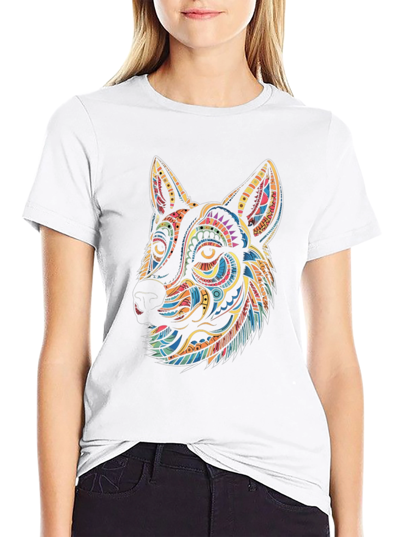 Vibrant Geometric Wolf Graphic Tee - Black