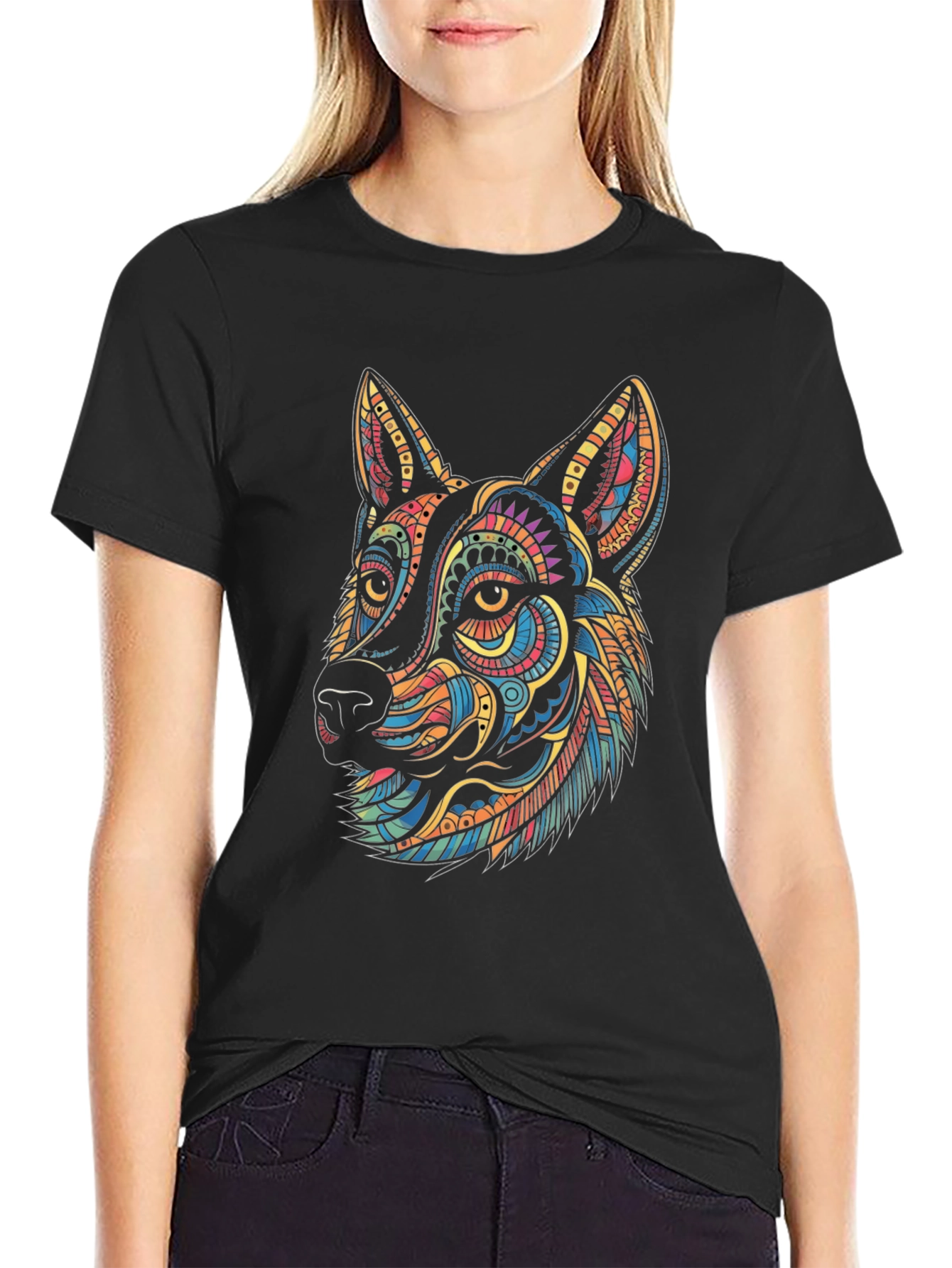 Vibrant Geometric Wolf Graphic Tee - Black