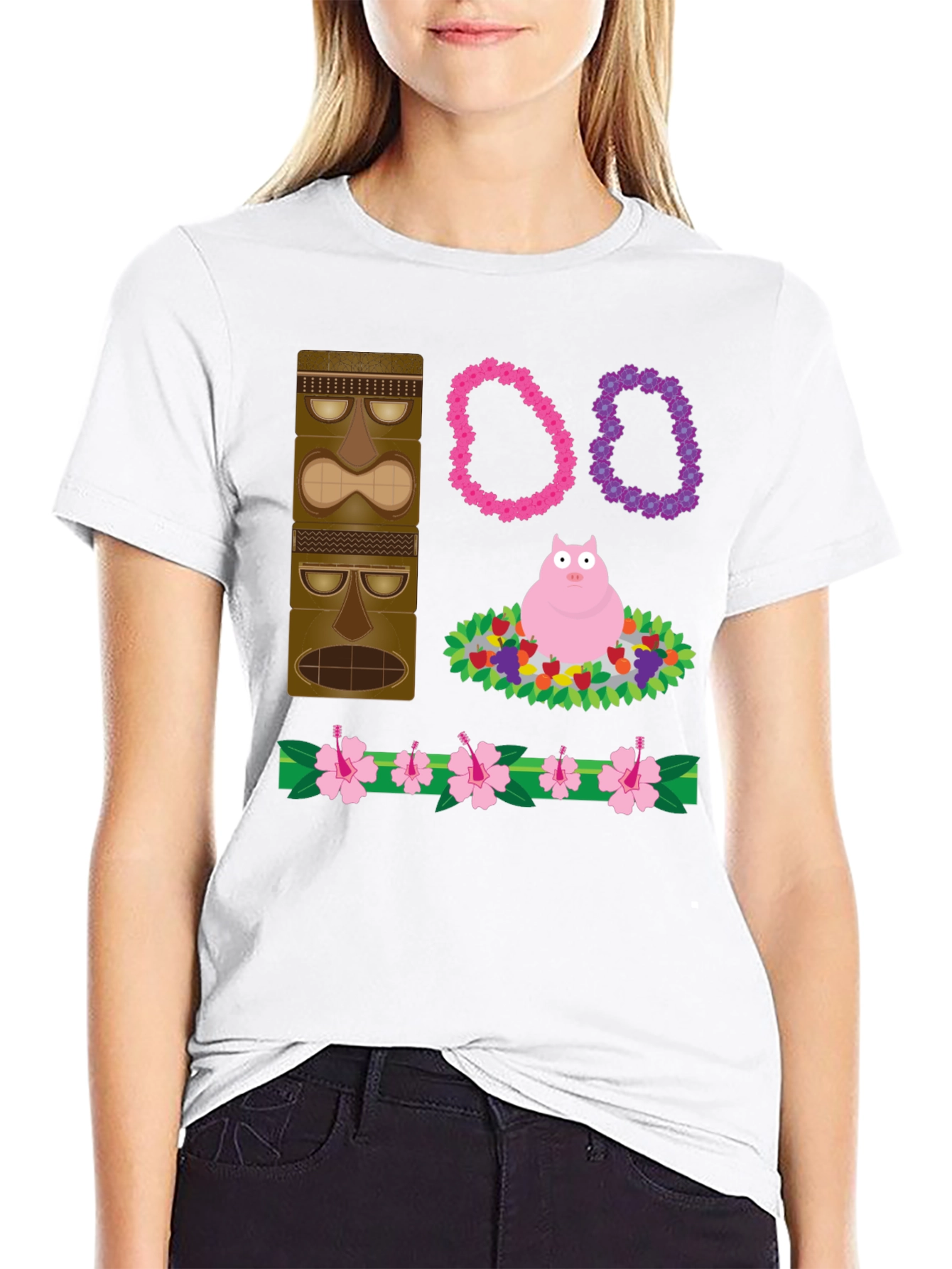 Novelty Tiki Pig Hawaiian Print T-Shirt