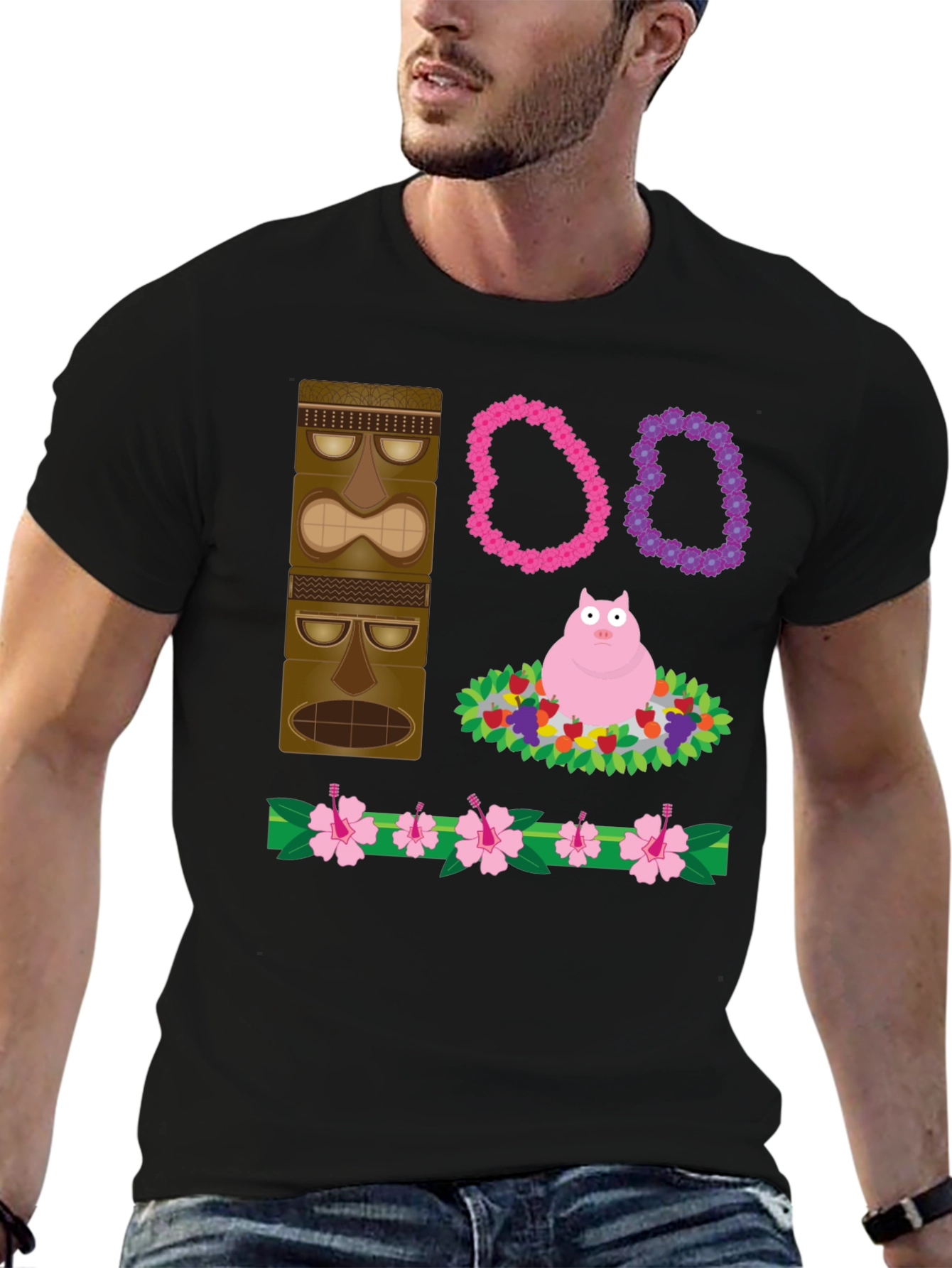 Novelty Tiki Pig Hawaiian Print T-Shirt