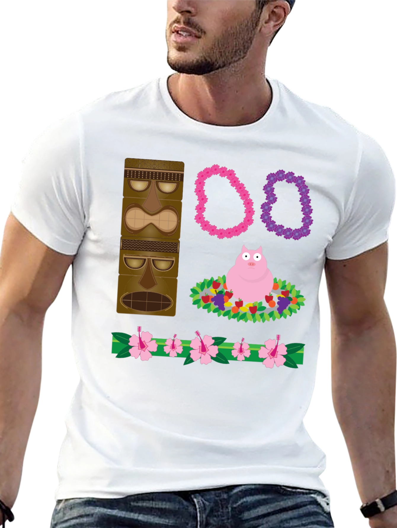 Novelty Tiki Pig Hawaiian Print T-Shirt