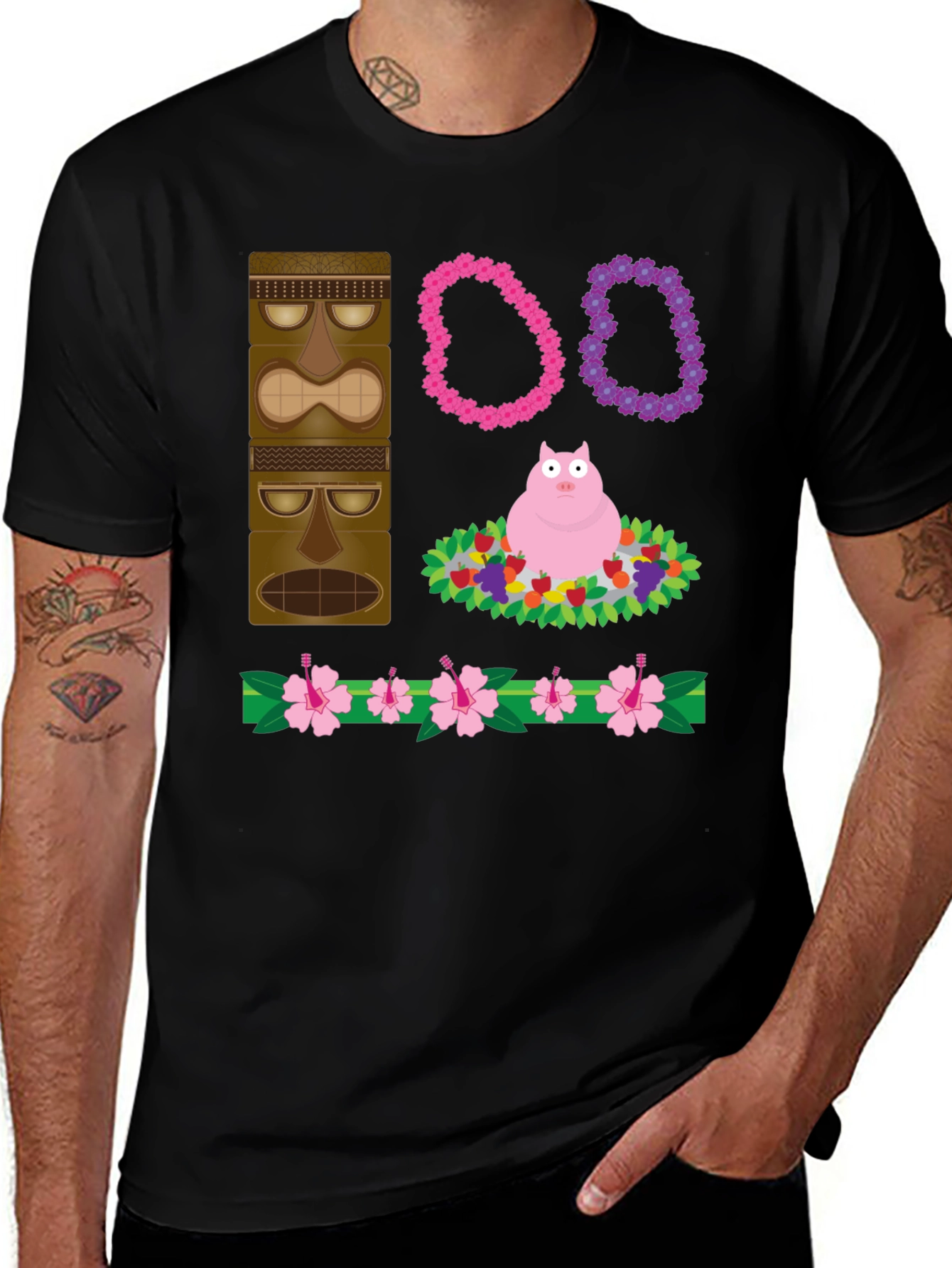 Novelty Tiki Pig Hawaiian Print T-Shirt