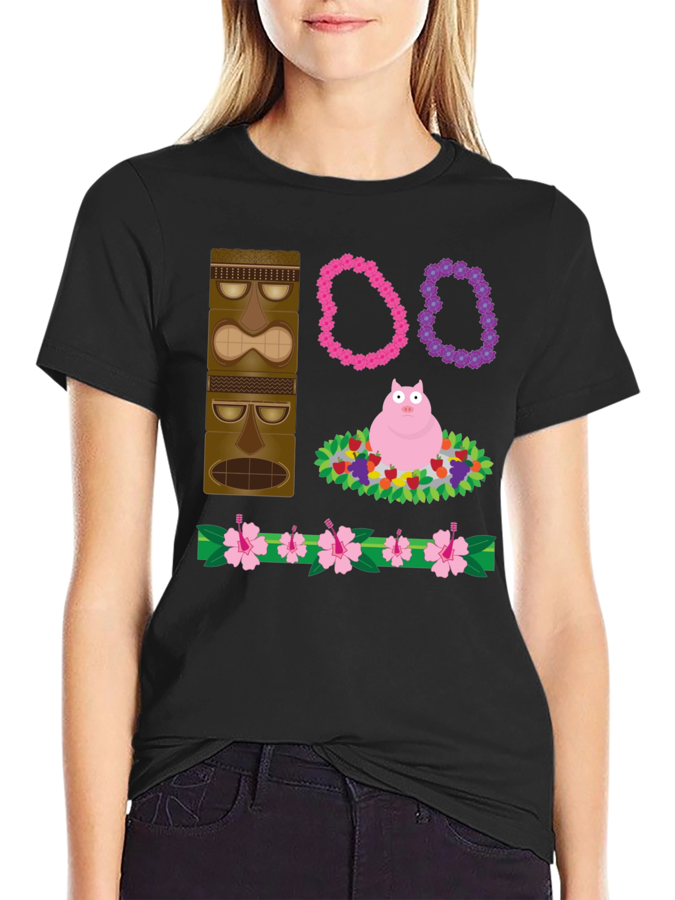 Novelty Tiki Pig Hawaiian Print T-Shirt