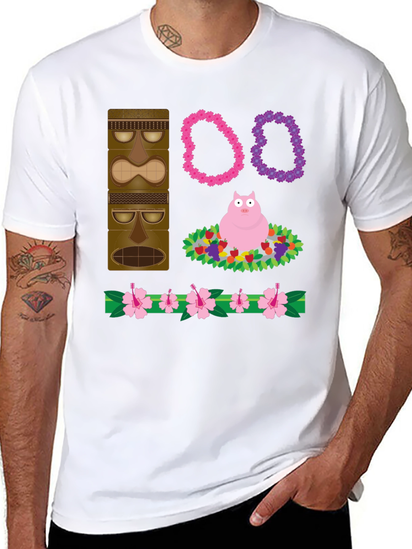 Novelty Tiki Pig Hawaiian Print T-Shirt
