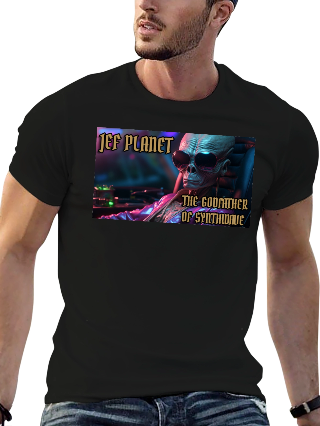 Jef Planet Godfather of Synthwave Black T-Shirt