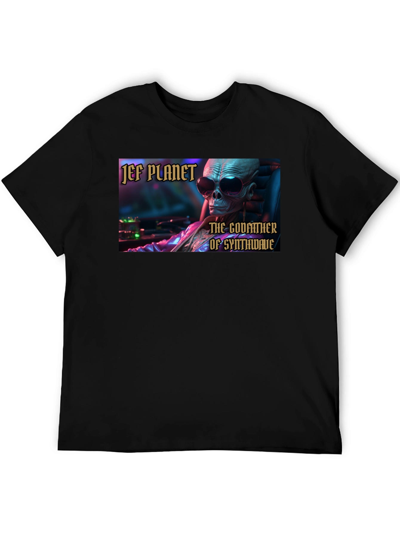 Jef Planet Godfather of Synthwave Black T-Shirt