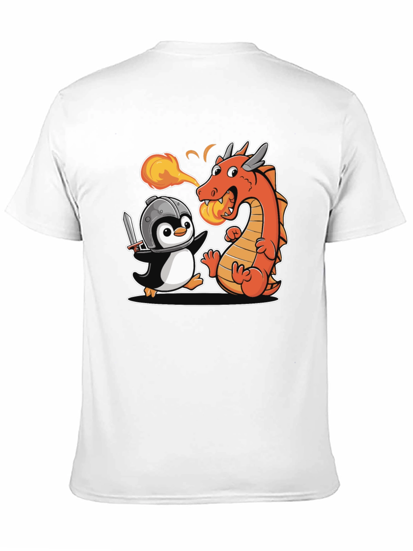 Penguin Knight vs. Dragon T-Shirt - Fun Cartoon Tee