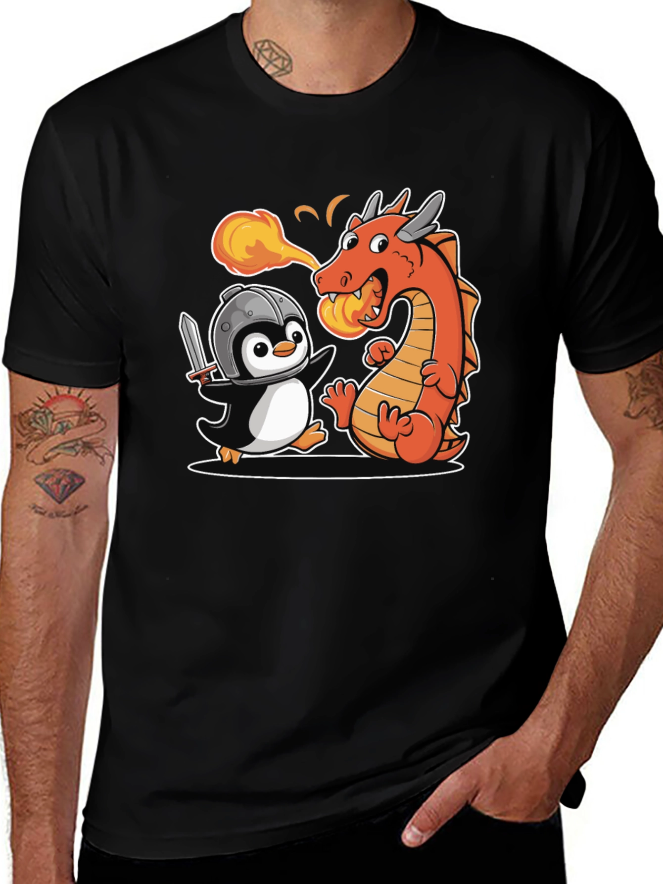 Penguin Knight vs. Dragon T-Shirt - Fun Cartoon Tee