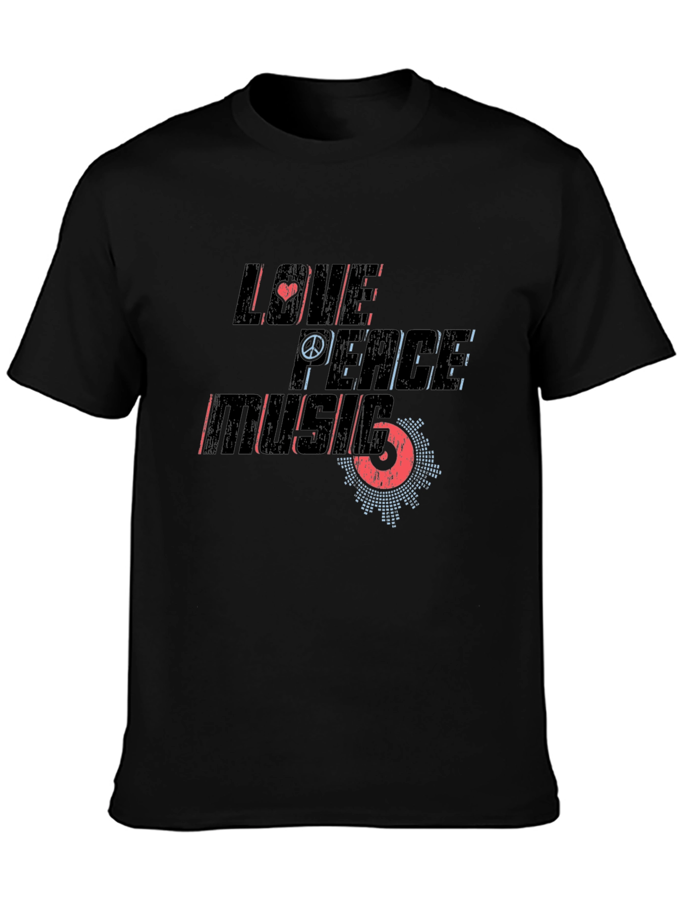 Love Peace Music Graphic Print Black T-Shirt