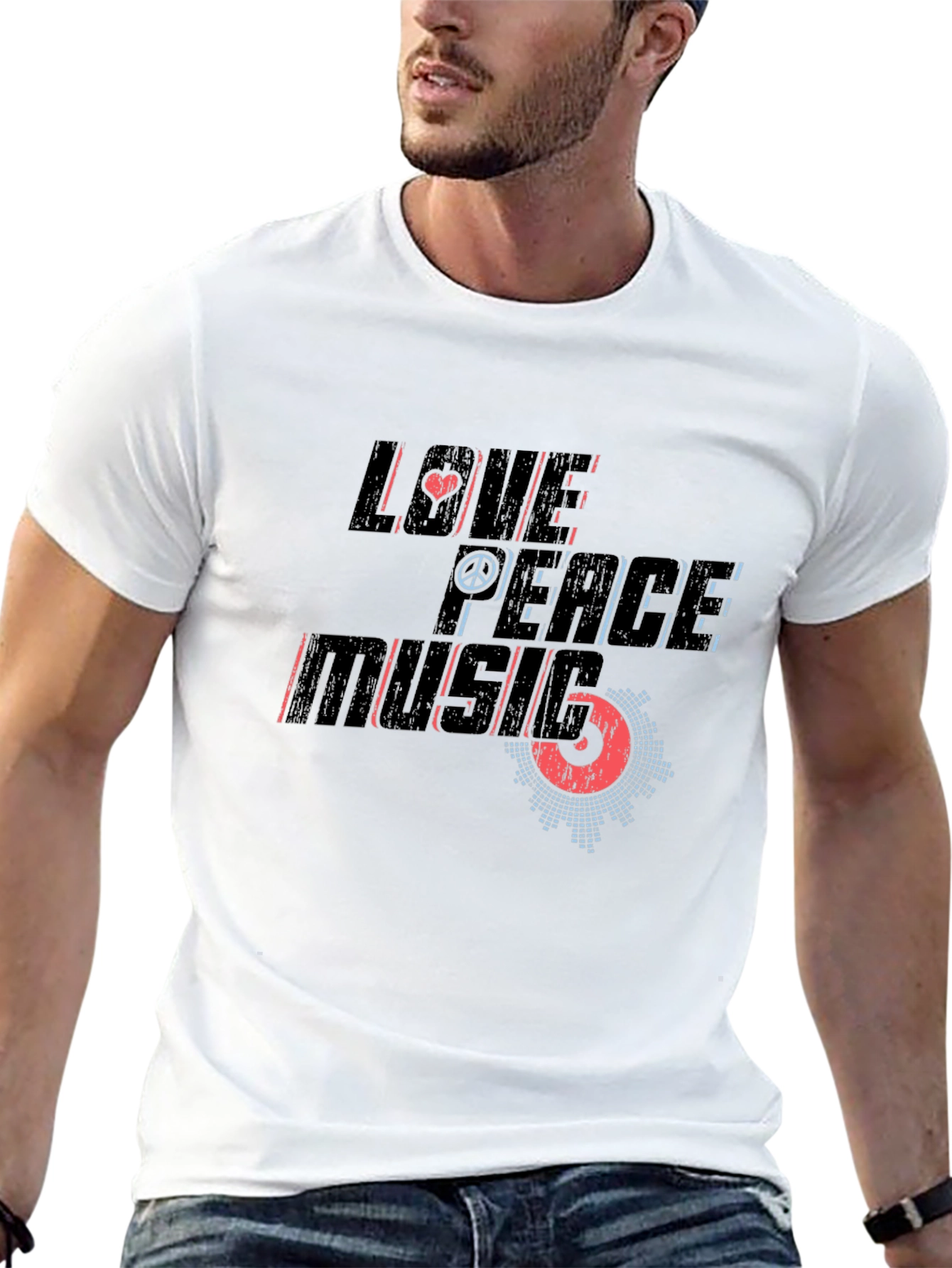 Love Peace Music Graphic Print Black T-Shirt