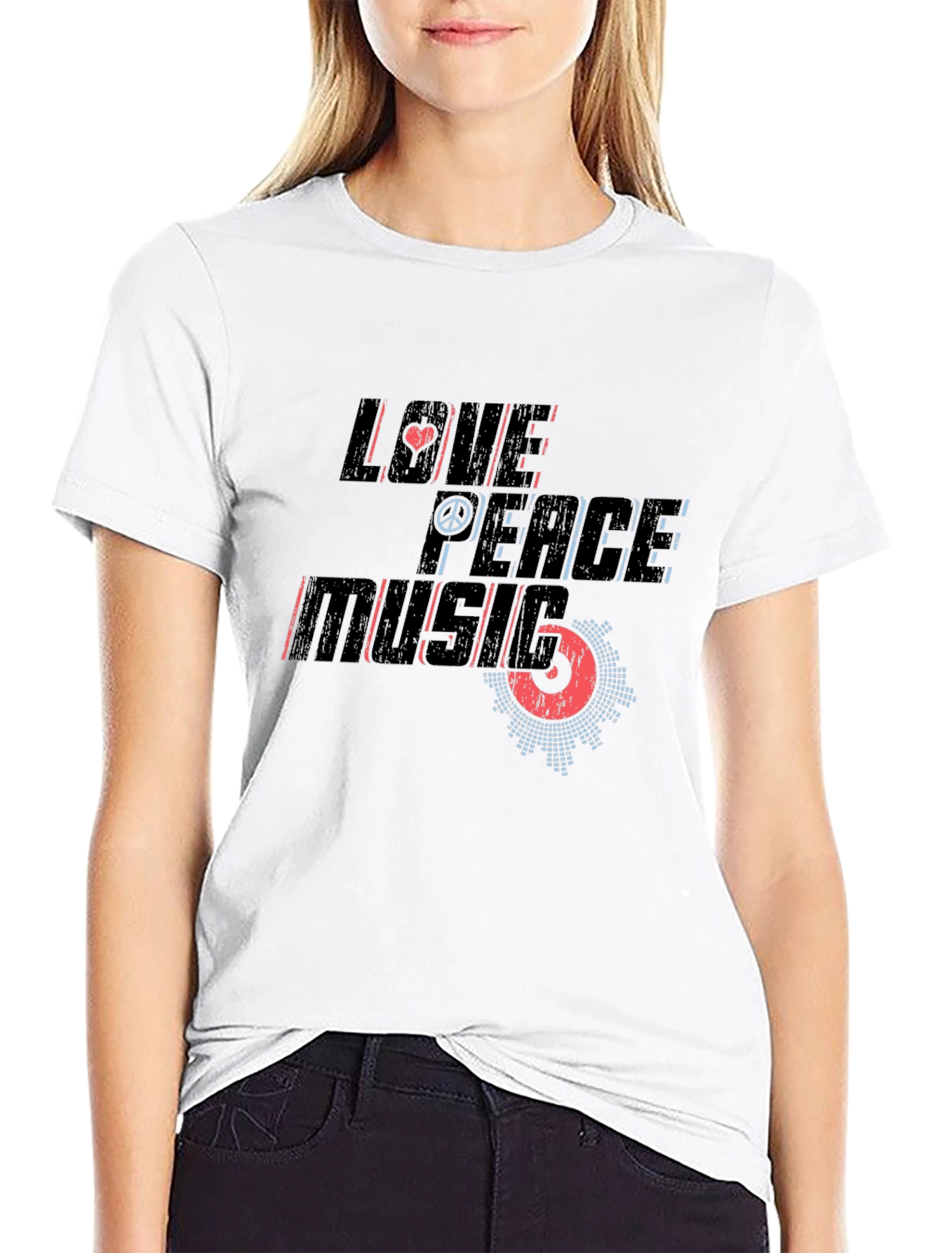 Love Peace Music Graphic Print Black T-Shirt