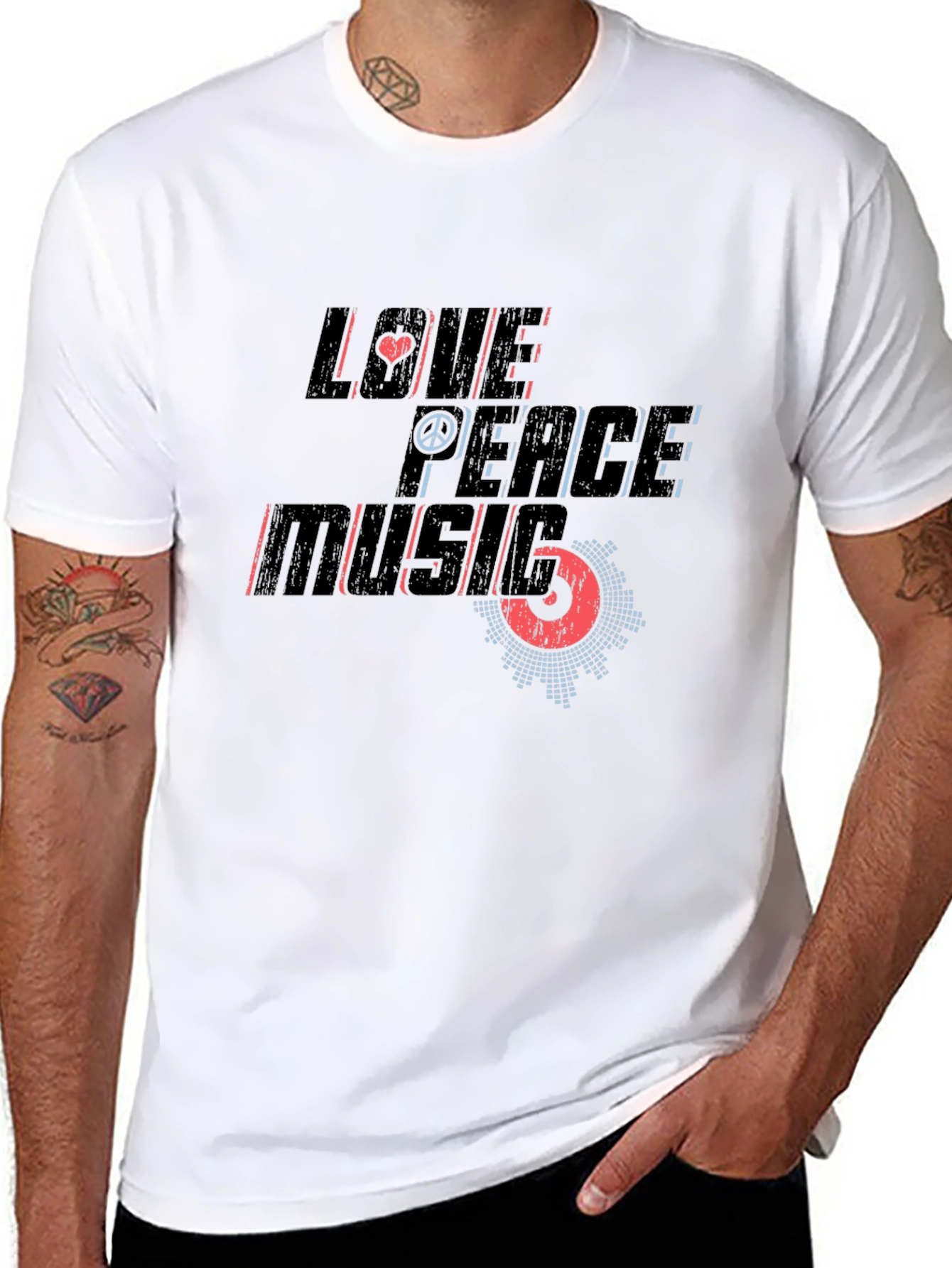 Love Peace Music Graphic Print Black T-Shirt