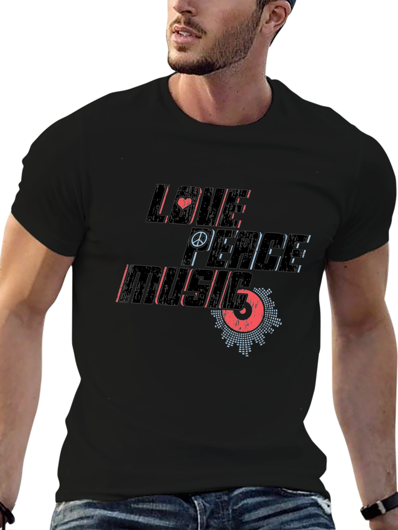 Love Peace Music Graphic Print Black T-Shirt