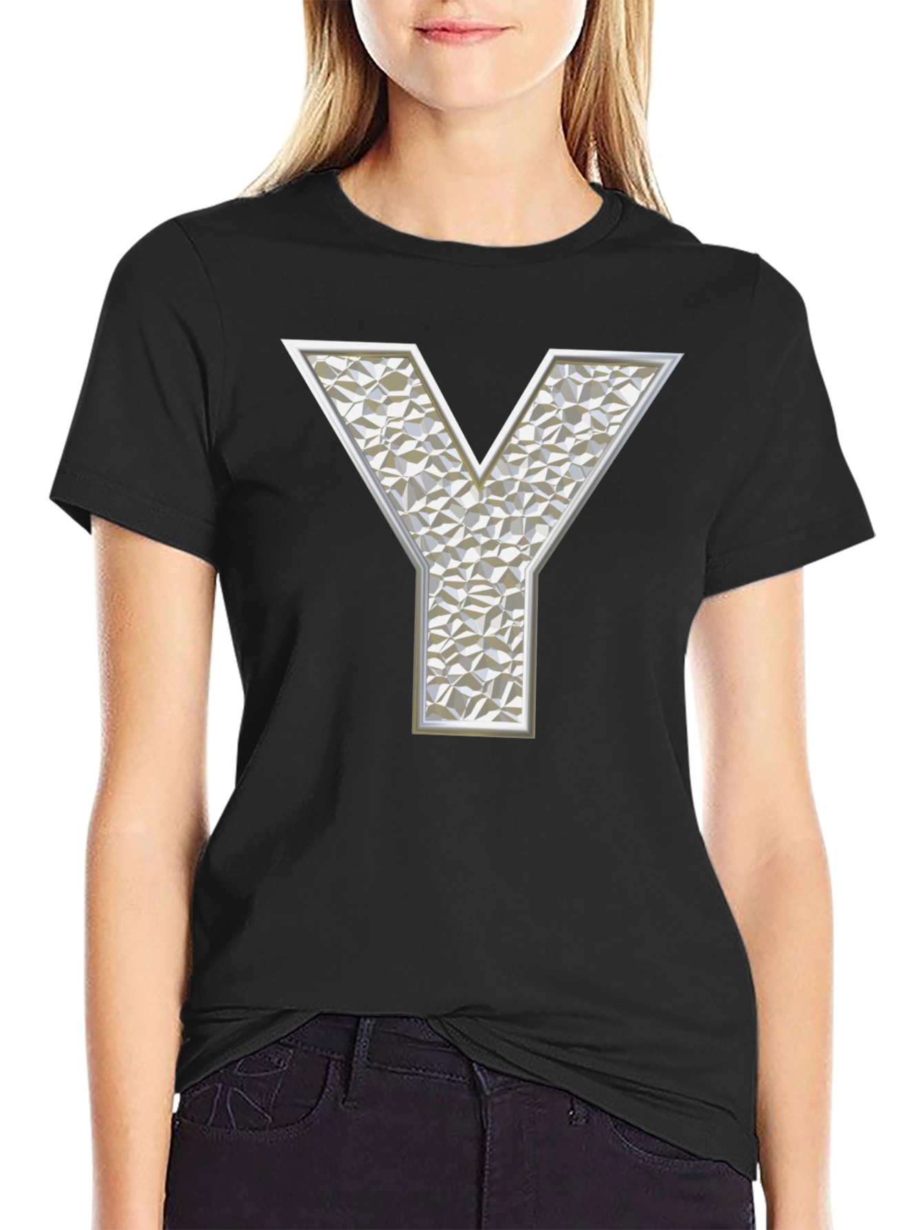 Geometric Y Letter Print Black T-Shirt