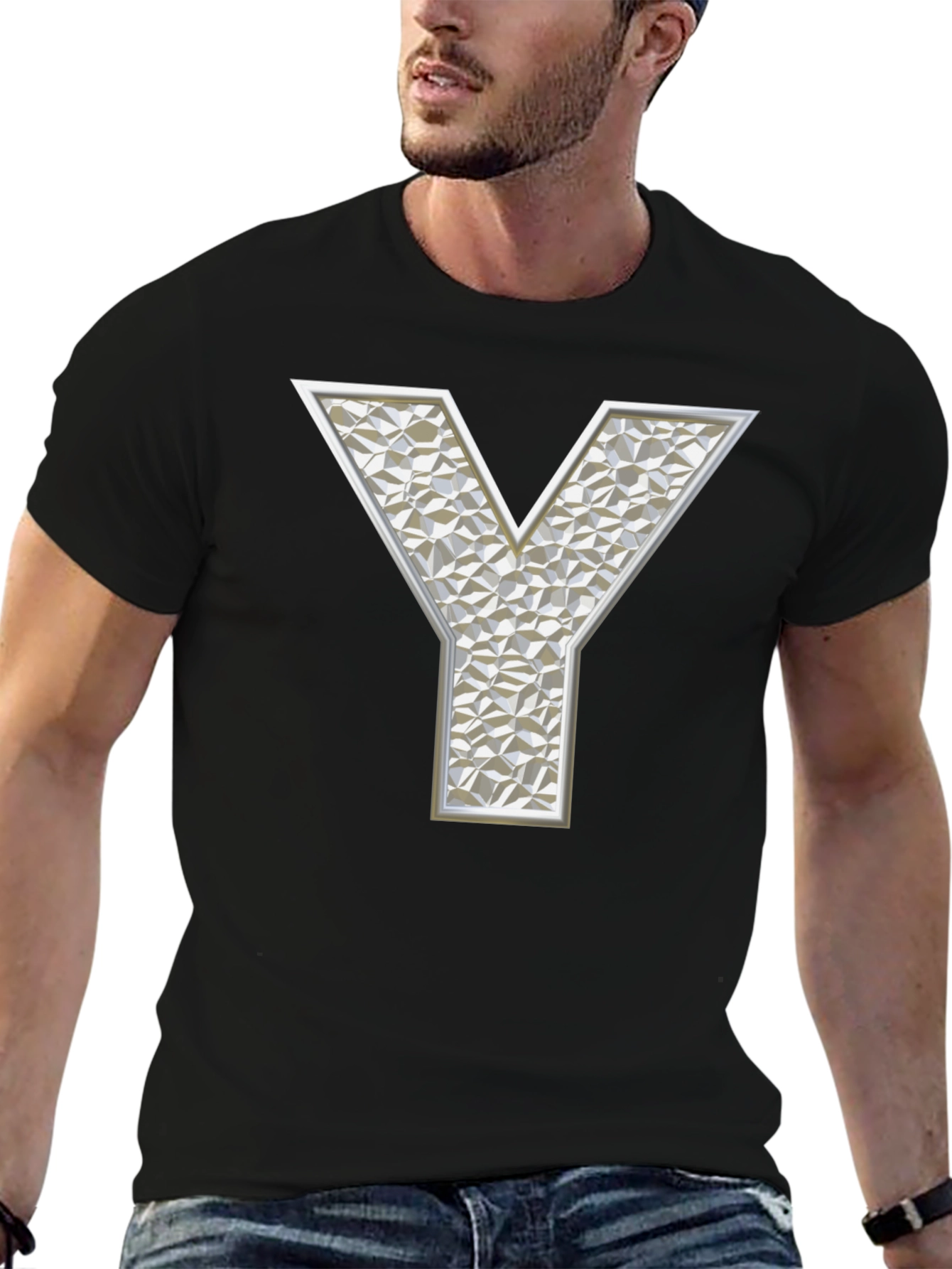 Geometric Y Letter Print Black T-Shirt