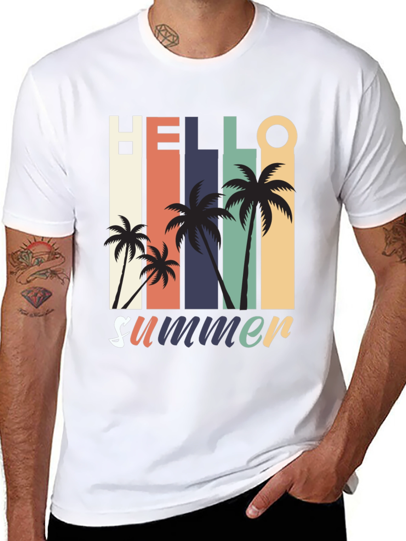 Hello Summer Graphic Tee - Retro Palm Tree Design
