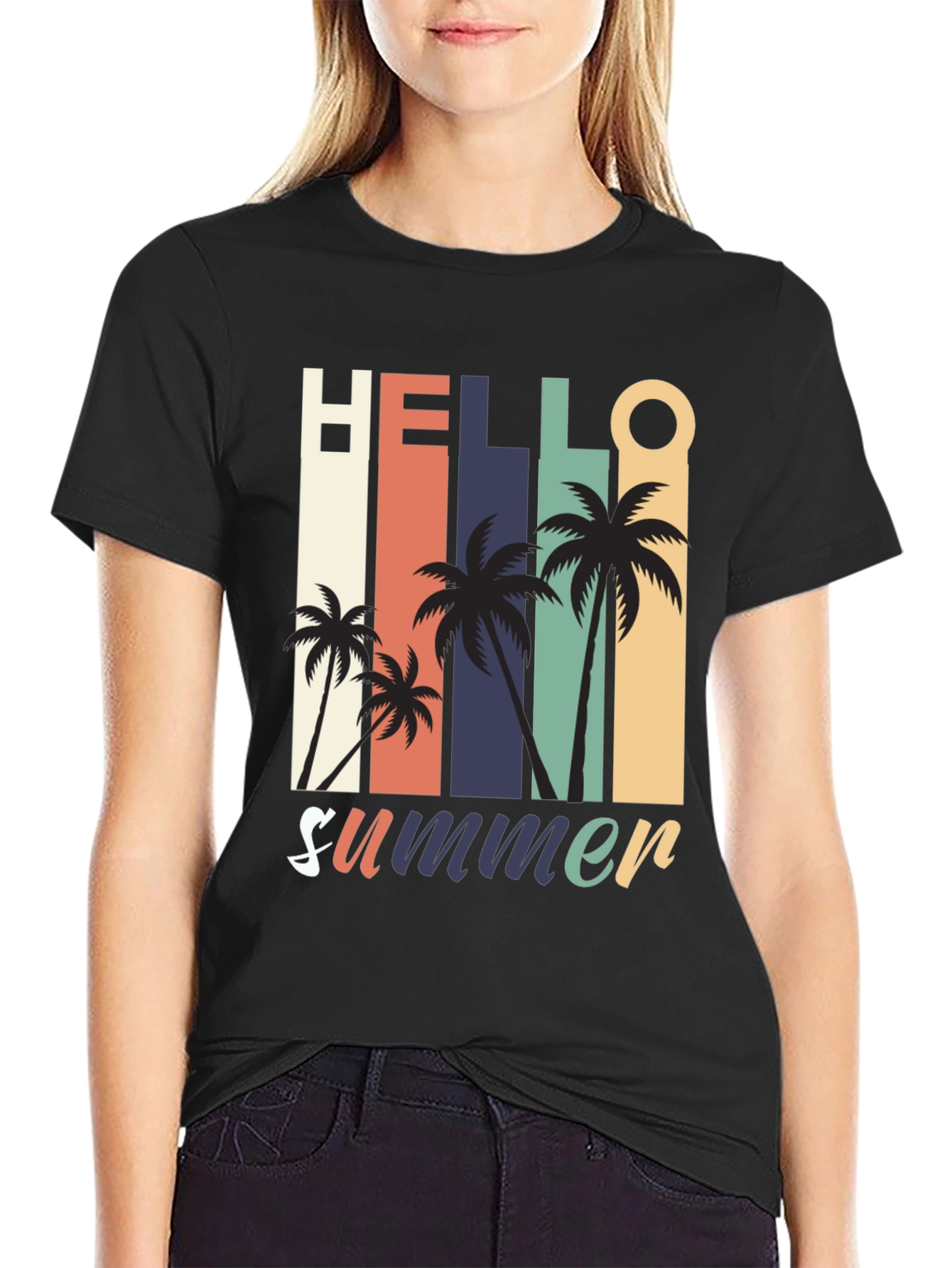 Hello Summer Graphic Tee - Retro Palm Tree Design