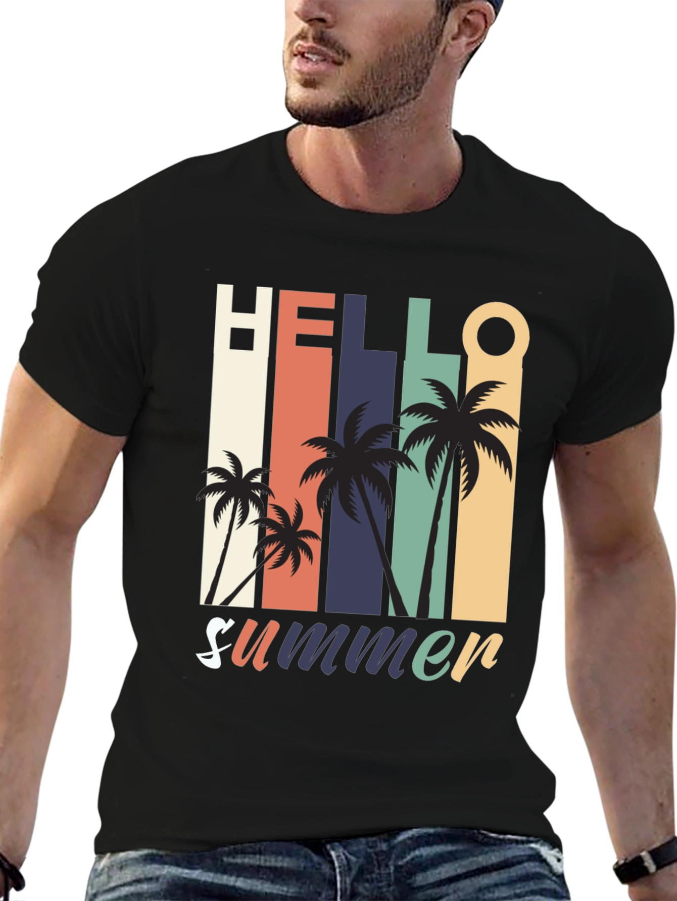 Hello Summer Graphic Tee - Retro Palm Tree Design