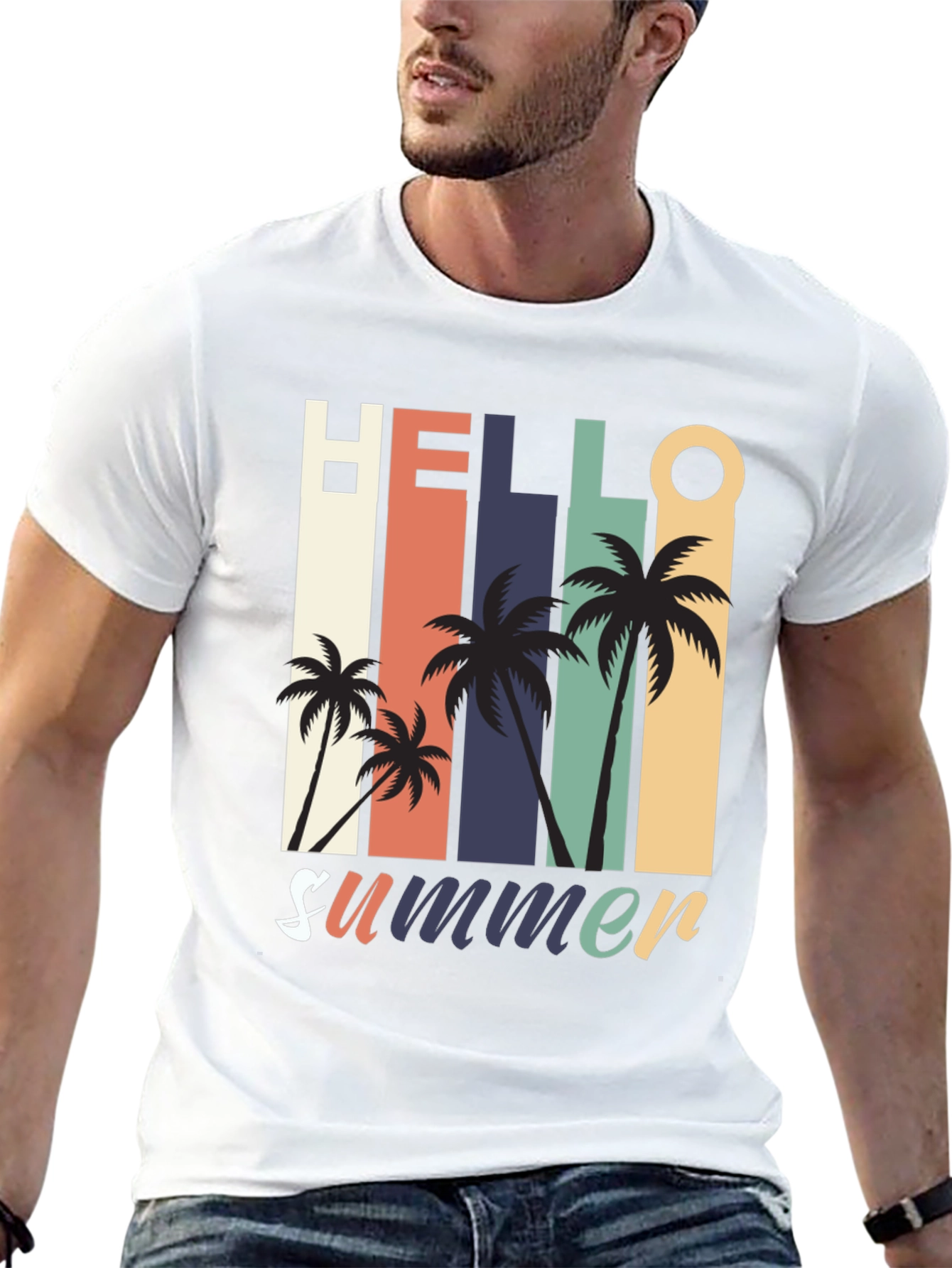 Hello Summer Graphic Tee - Retro Palm Tree Design