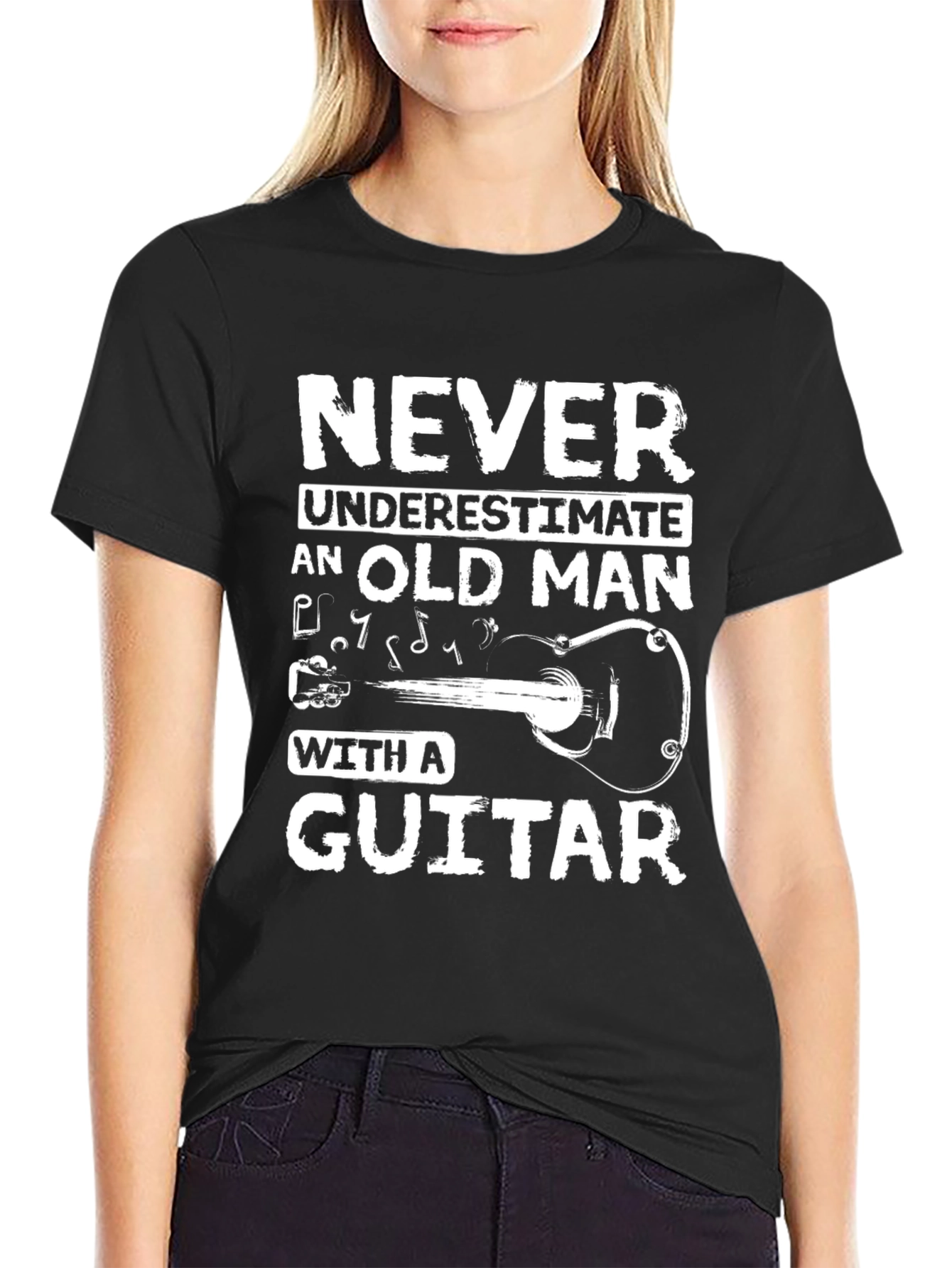 Never Underestimate Old Man Guitar Black T-Shirt