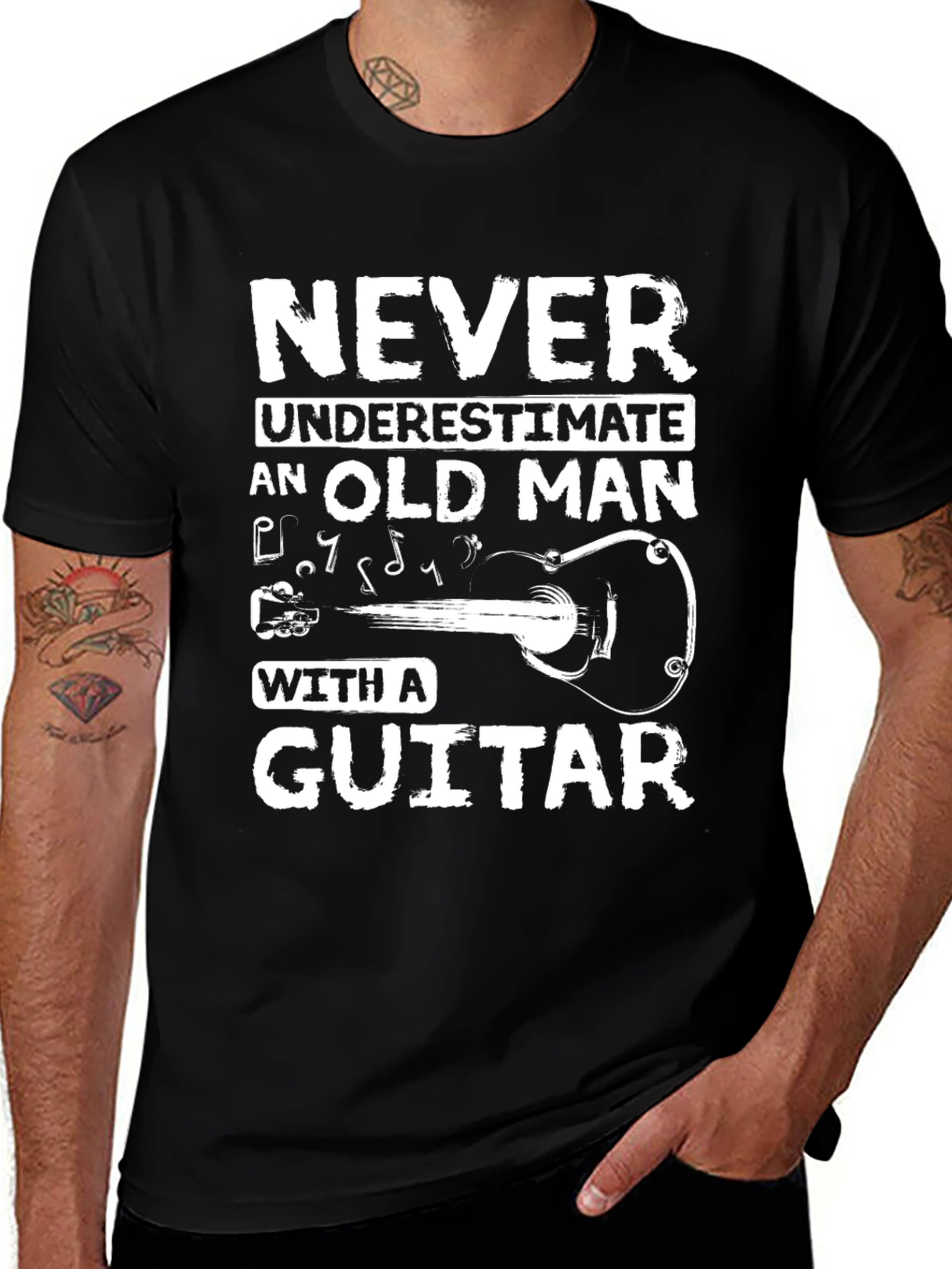 Never Underestimate Old Man Guitar Black T-Shirt