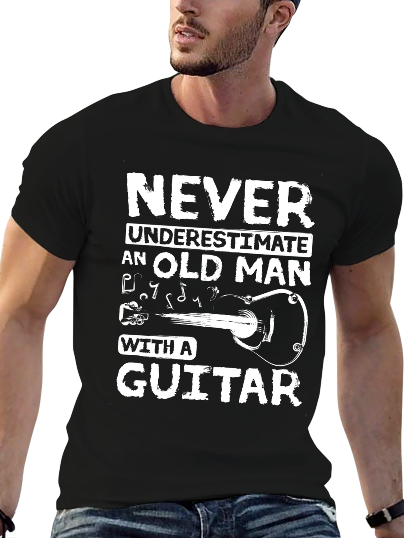 Never Underestimate Old Man Guitar Black T-Shirt