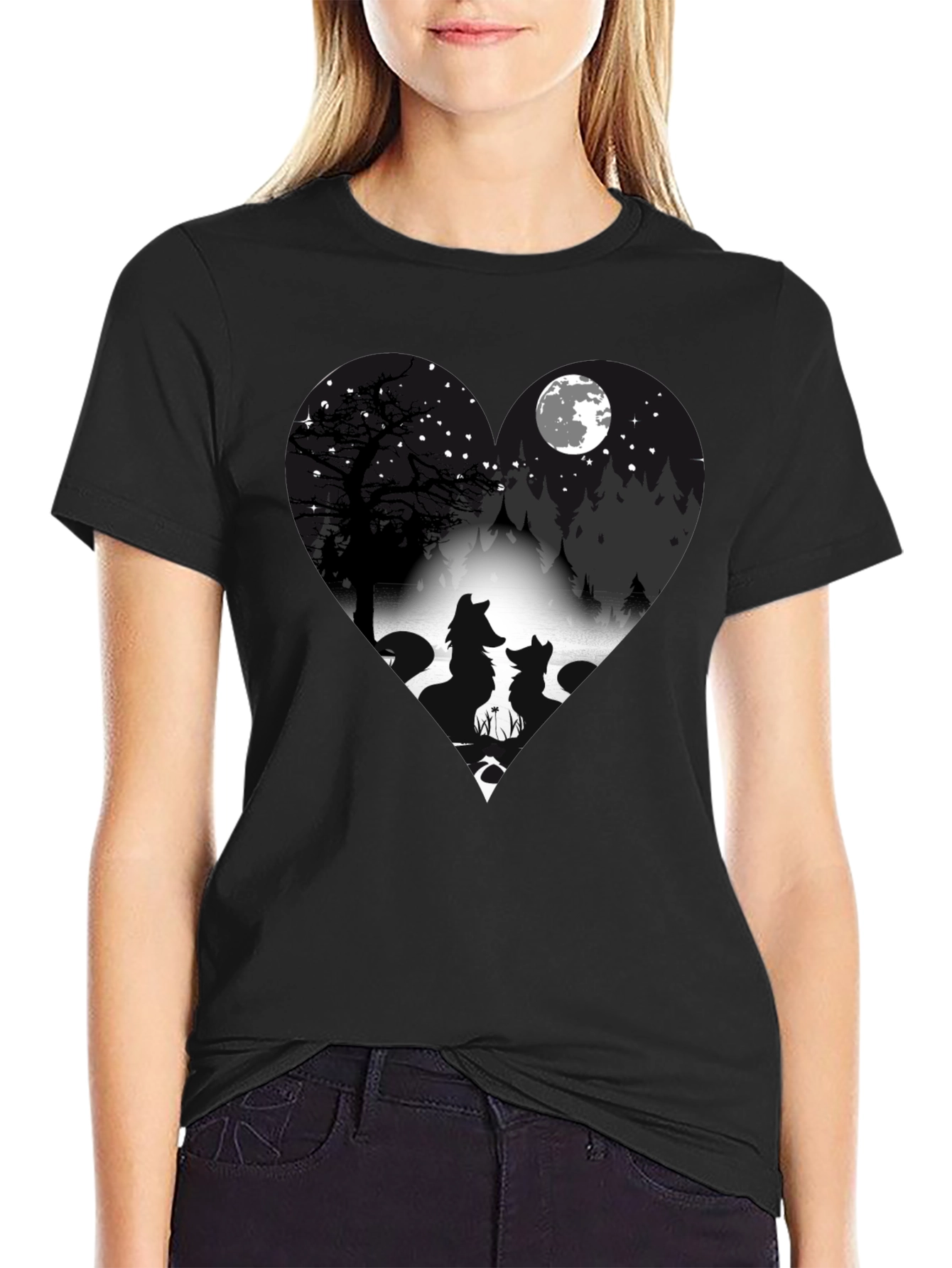 Wolf Silhouette Heart Graphic T-Shirt