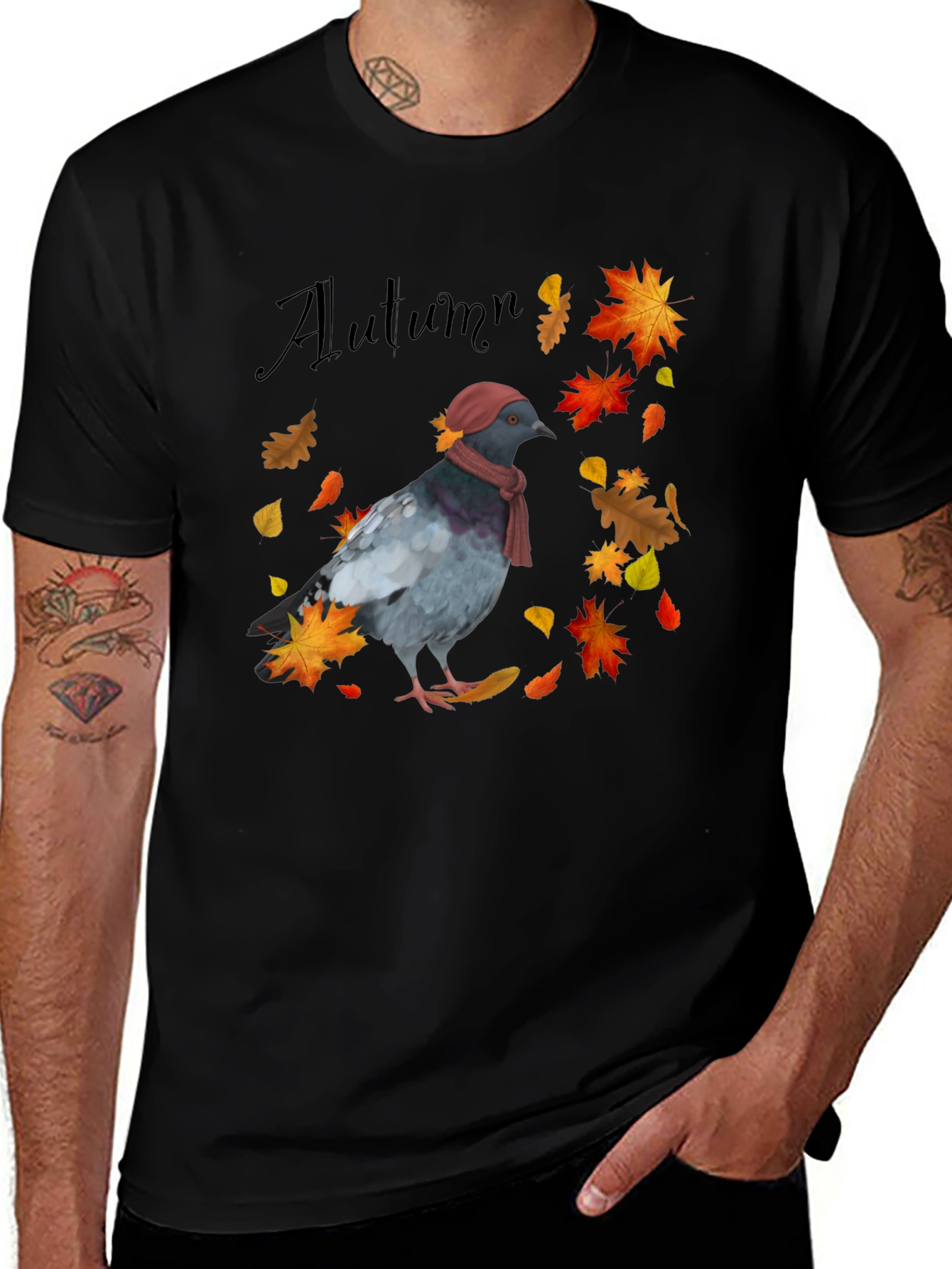 Autumn Pigeon Graphic T-Shirt - Seasonal Bird Tee