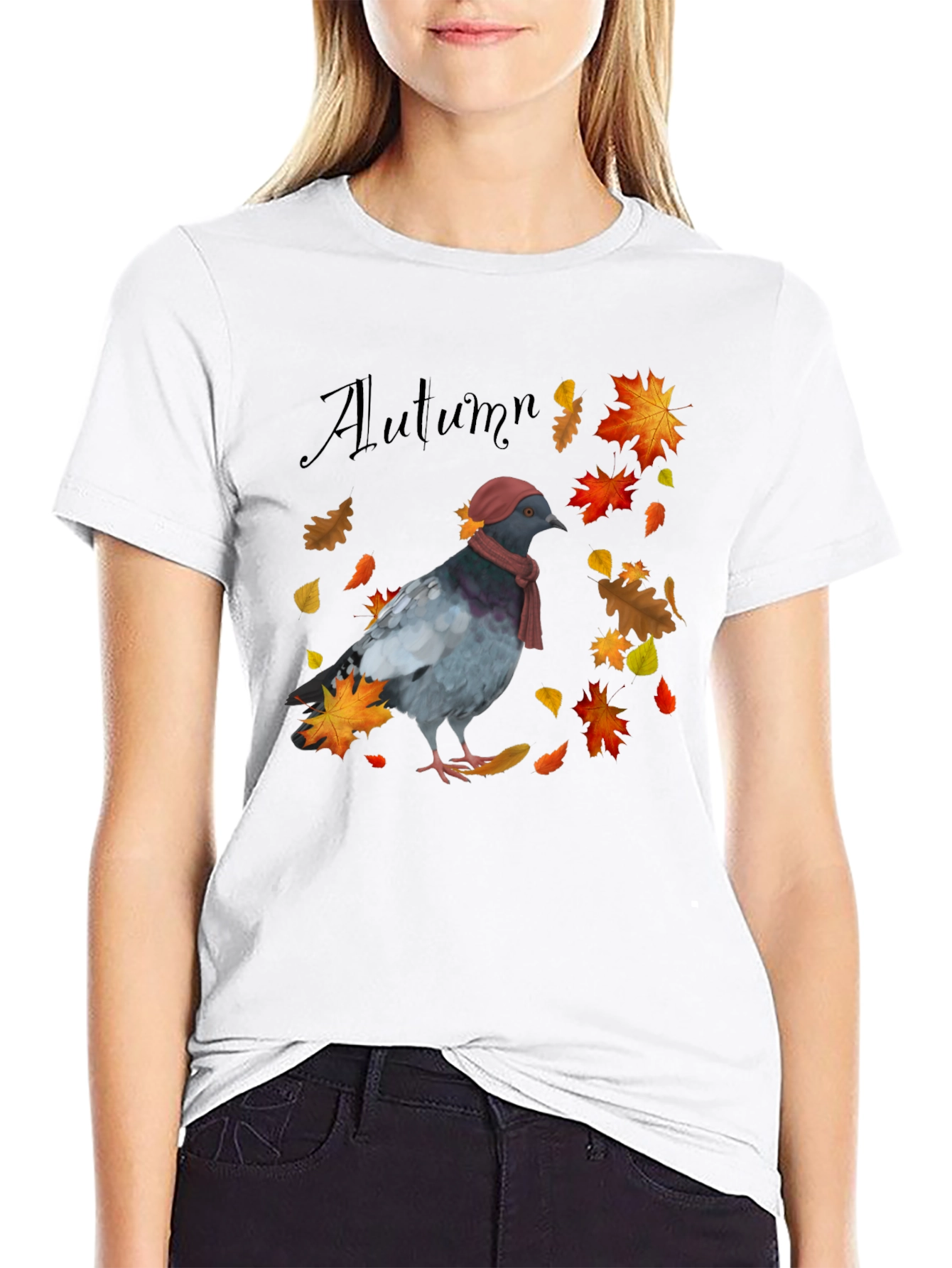 Autumn Pigeon Graphic T-Shirt - Seasonal Bird Tee