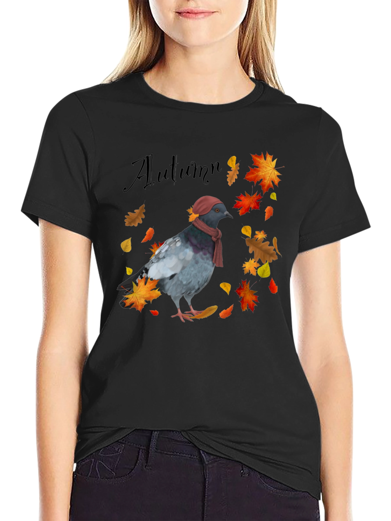 Autumn Pigeon Graphic T-Shirt - Seasonal Bird Tee