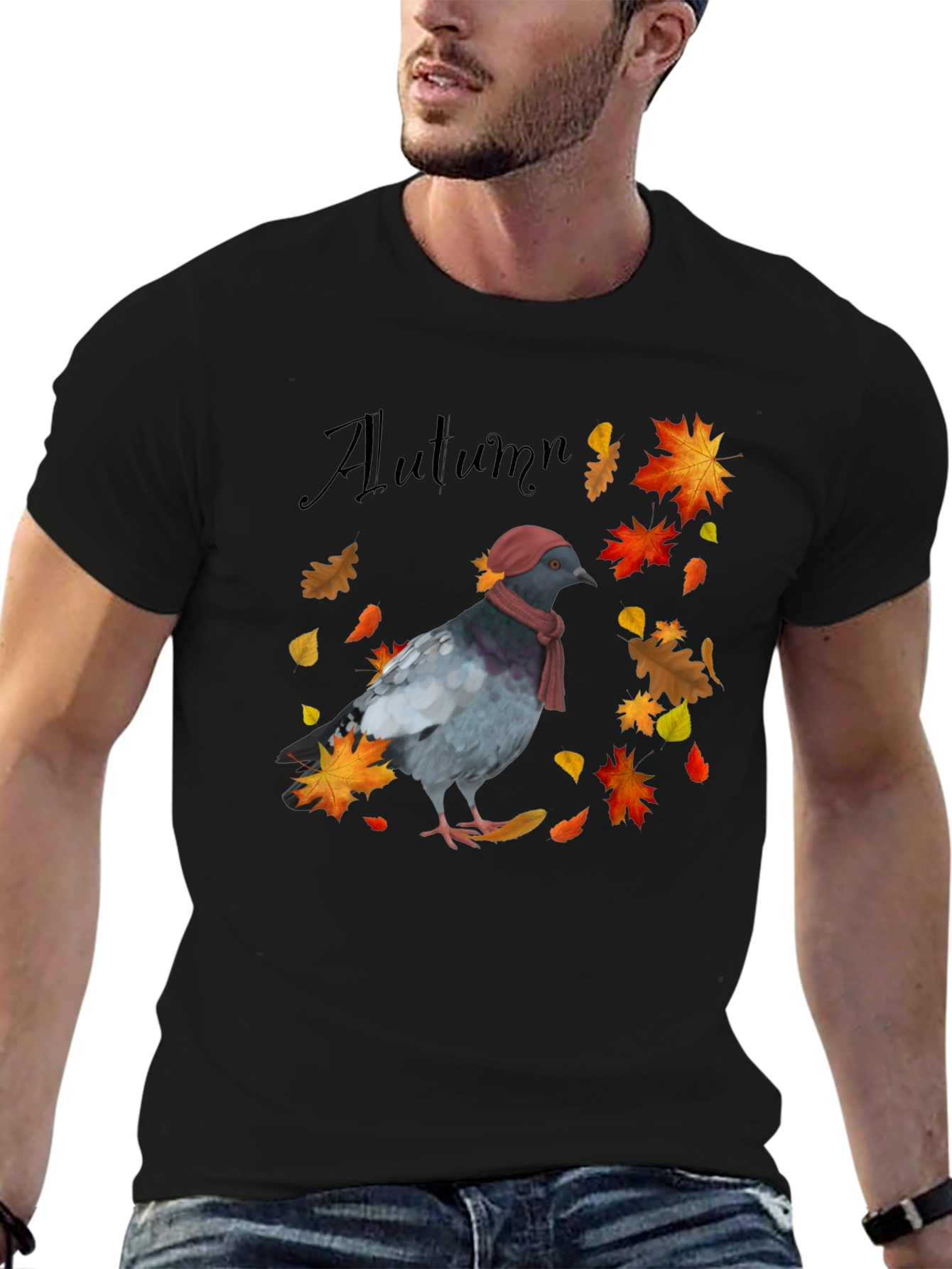 Autumn Pigeon Graphic T-Shirt - Seasonal Bird Tee