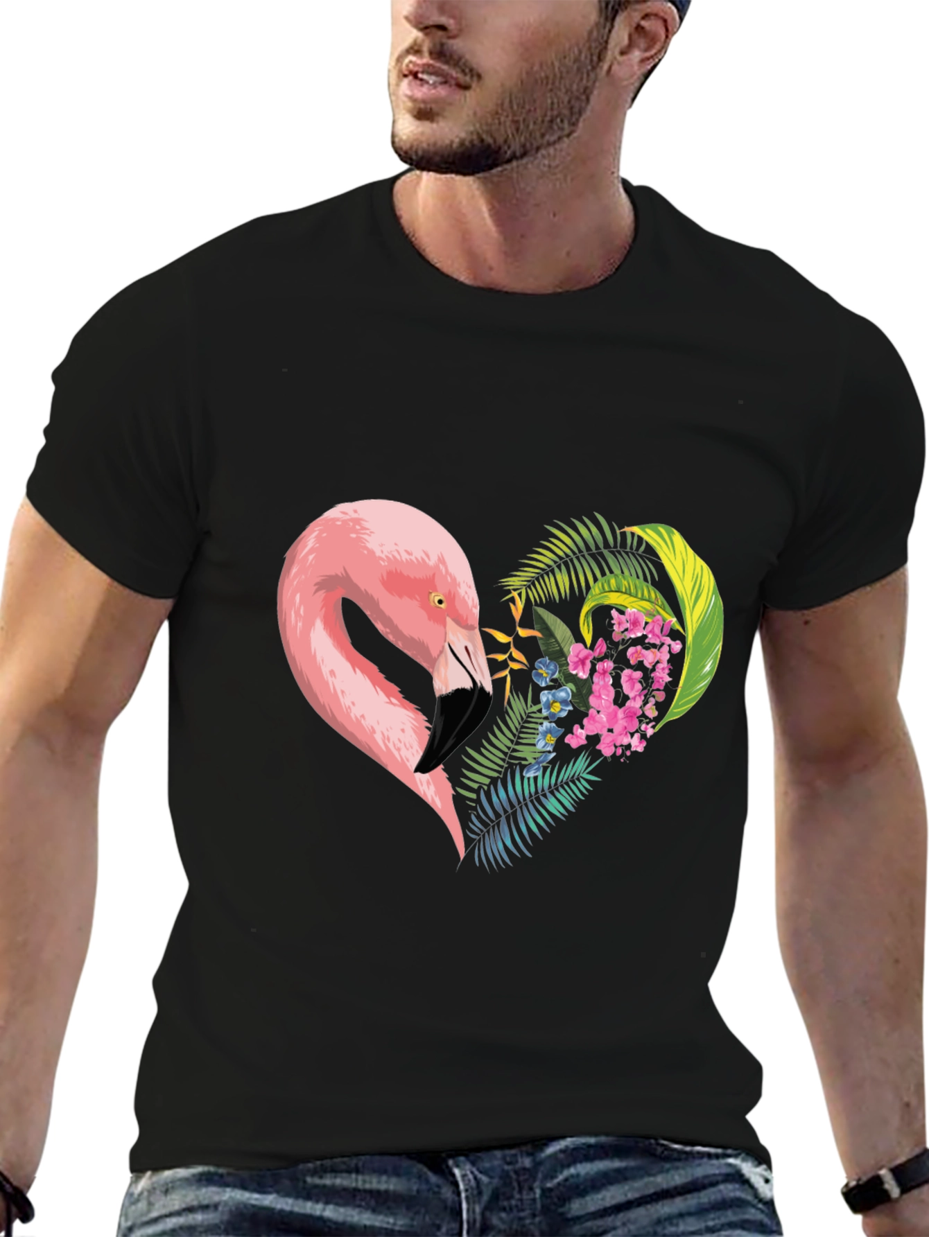 Flamingo Heart Graphic Tee - Black