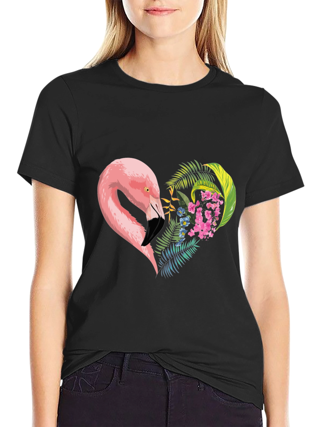 Flamingo Heart Graphic Tee - Black